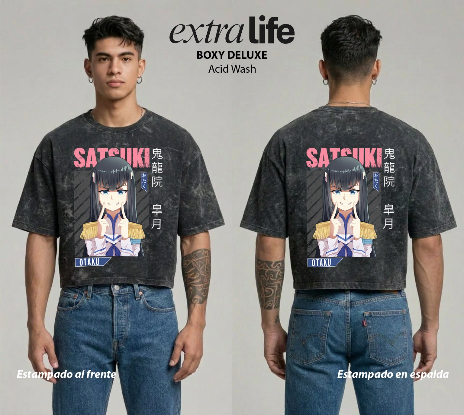 Playera streetwear premium de anime y gaming ExtraLife MX, corte boxy deluxe mineral wash heavyweight en color Acid Wash, moda urbana mexicana de culto.