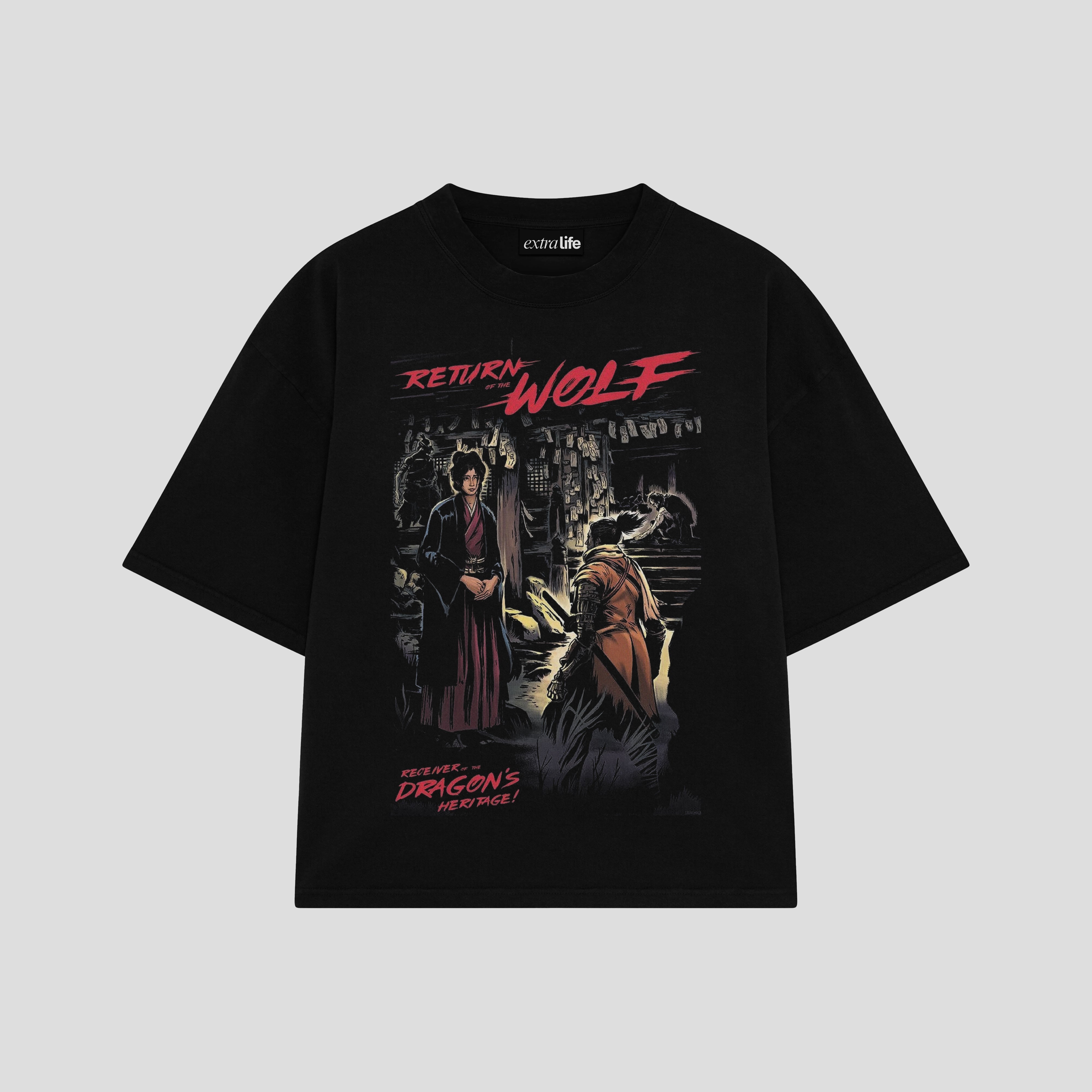 Playera streetwear premium de anime y gaming ExtraLife MX, corte boxy oversized drop shoulder heavyweight en color Deep Black y Off-White, moda urbana mexicana de culto.