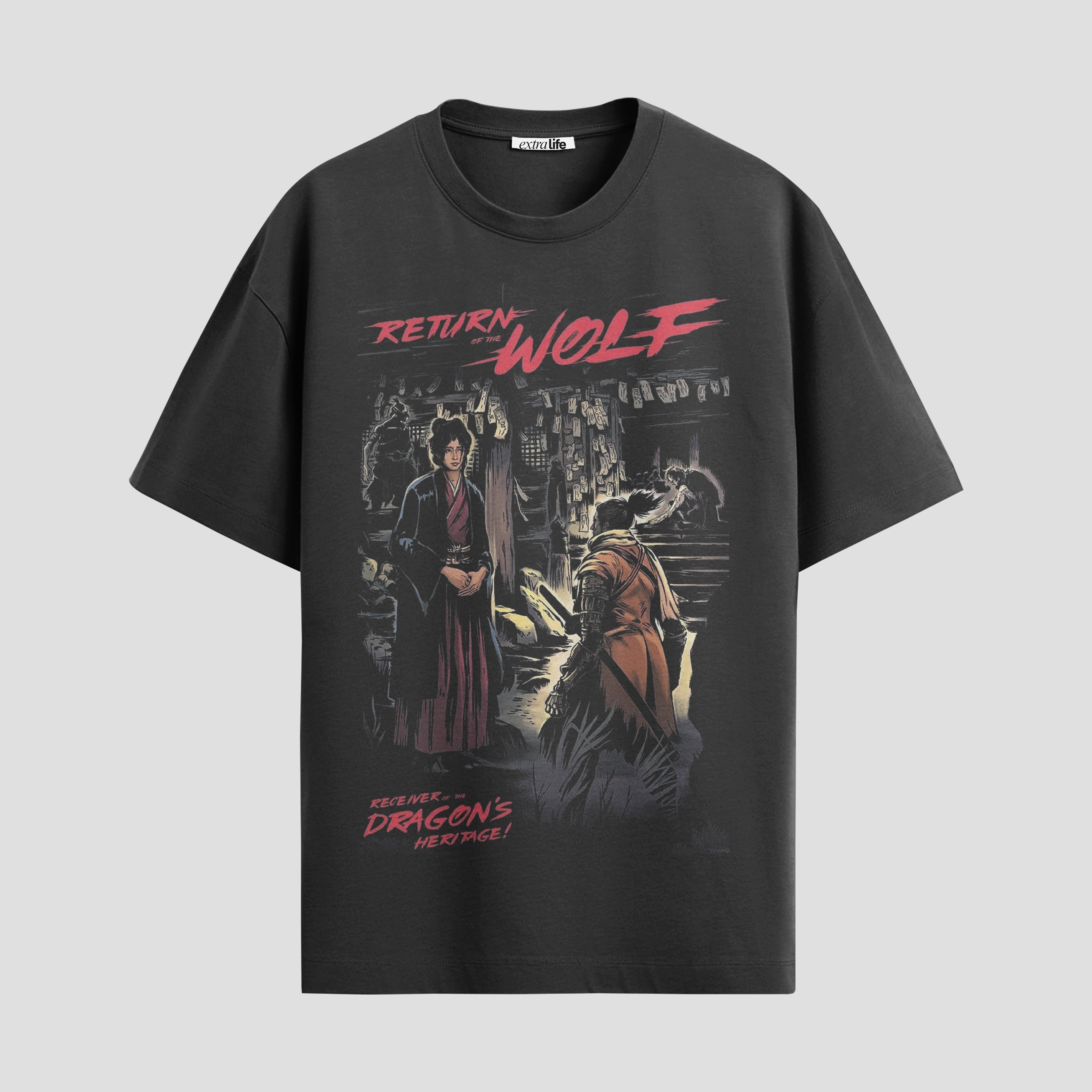 Playera urbana de anime y gaming ExtraLife MX, corte Standard Fit unisex ligero y transpirable en color Deep Black y Pure White, ropa de uso diario para gym y casual.