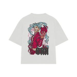 Playera streetwear premium de anime y gaming ExtraLife MX, corte boxy oversized drop shoulder heavyweight en color Deep Black y Off-White, moda urbana mexicana de culto.