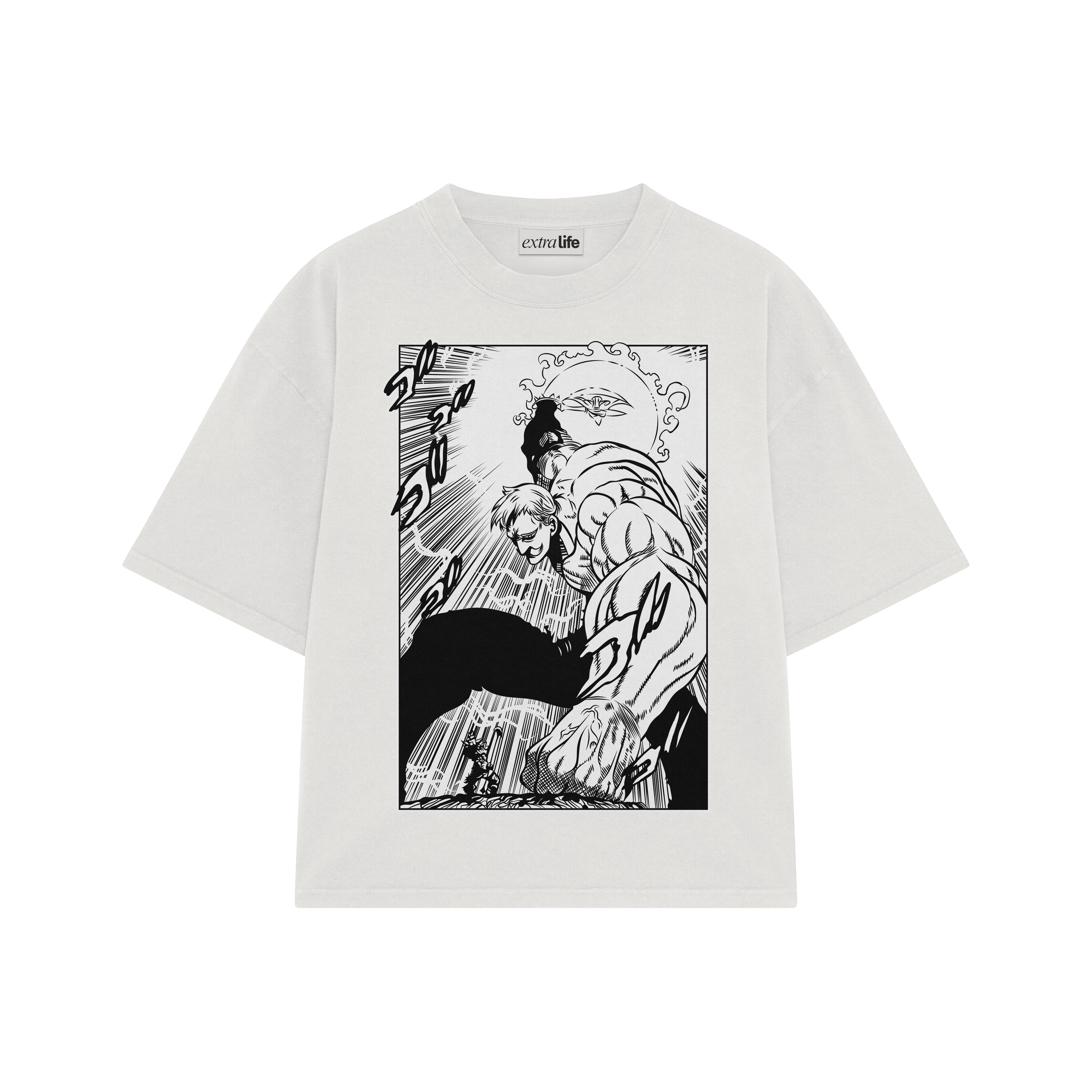 Playera streetwear premium de anime y gaming ExtraLife MX, corte boxy oversized drop shoulder heavyweight en color Deep Black y Off-White, moda urbana mexicana de culto.