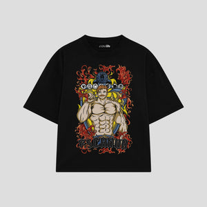 Playera streetwear premium de anime y gaming ExtraLife MX, corte boxy oversized drop shoulder heavyweight en color Deep Black y Off-White, moda urbana mexicana de culto.