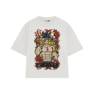 Playera streetwear premium de anime y gaming ExtraLife MX, corte boxy oversized drop shoulder heavyweight en color Deep Black y Off-White, moda urbana mexicana de culto.