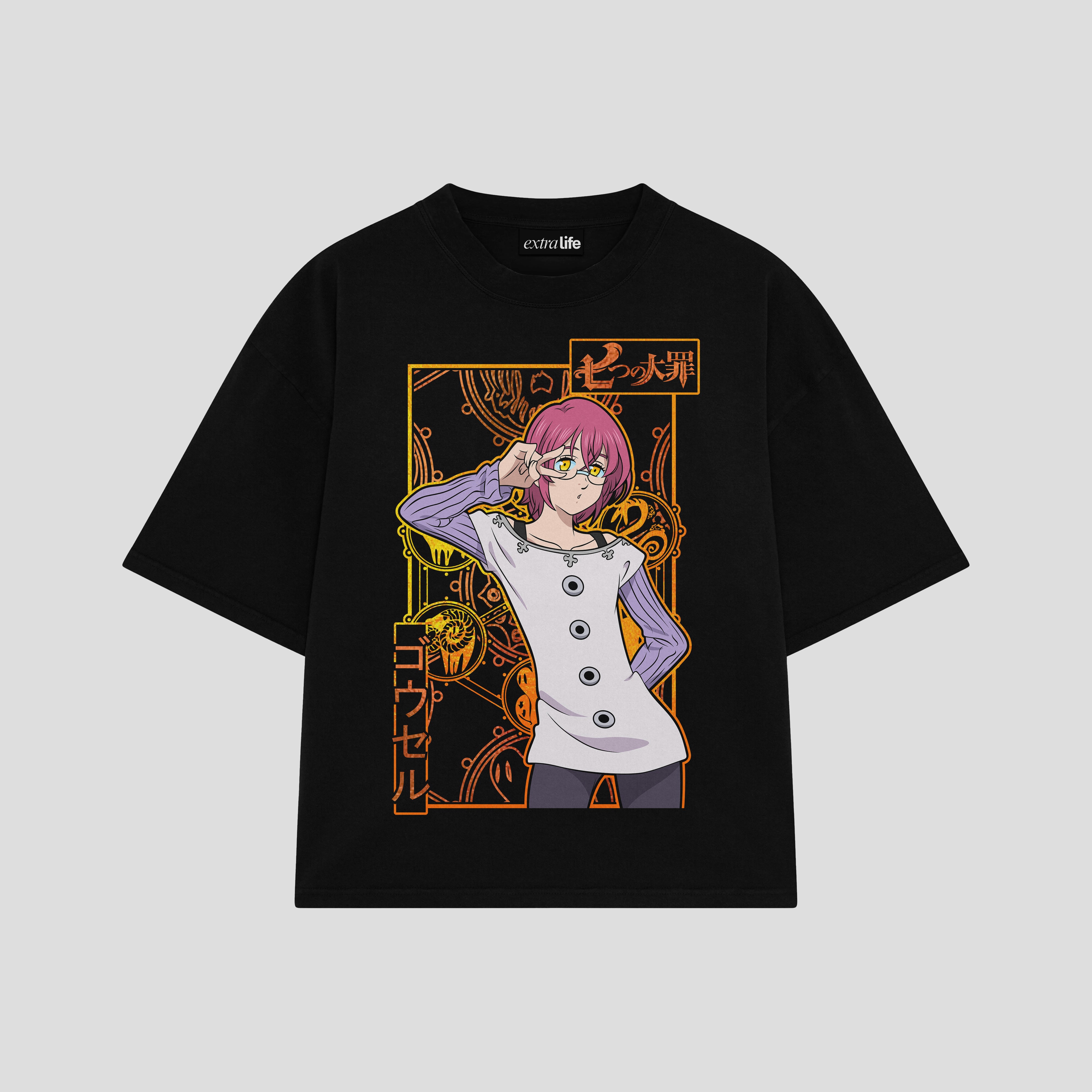 Playera streetwear premium de anime y gaming ExtraLife MX, corte boxy oversized drop shoulder heavyweight en color Deep Black y Off-White, moda urbana mexicana de culto.