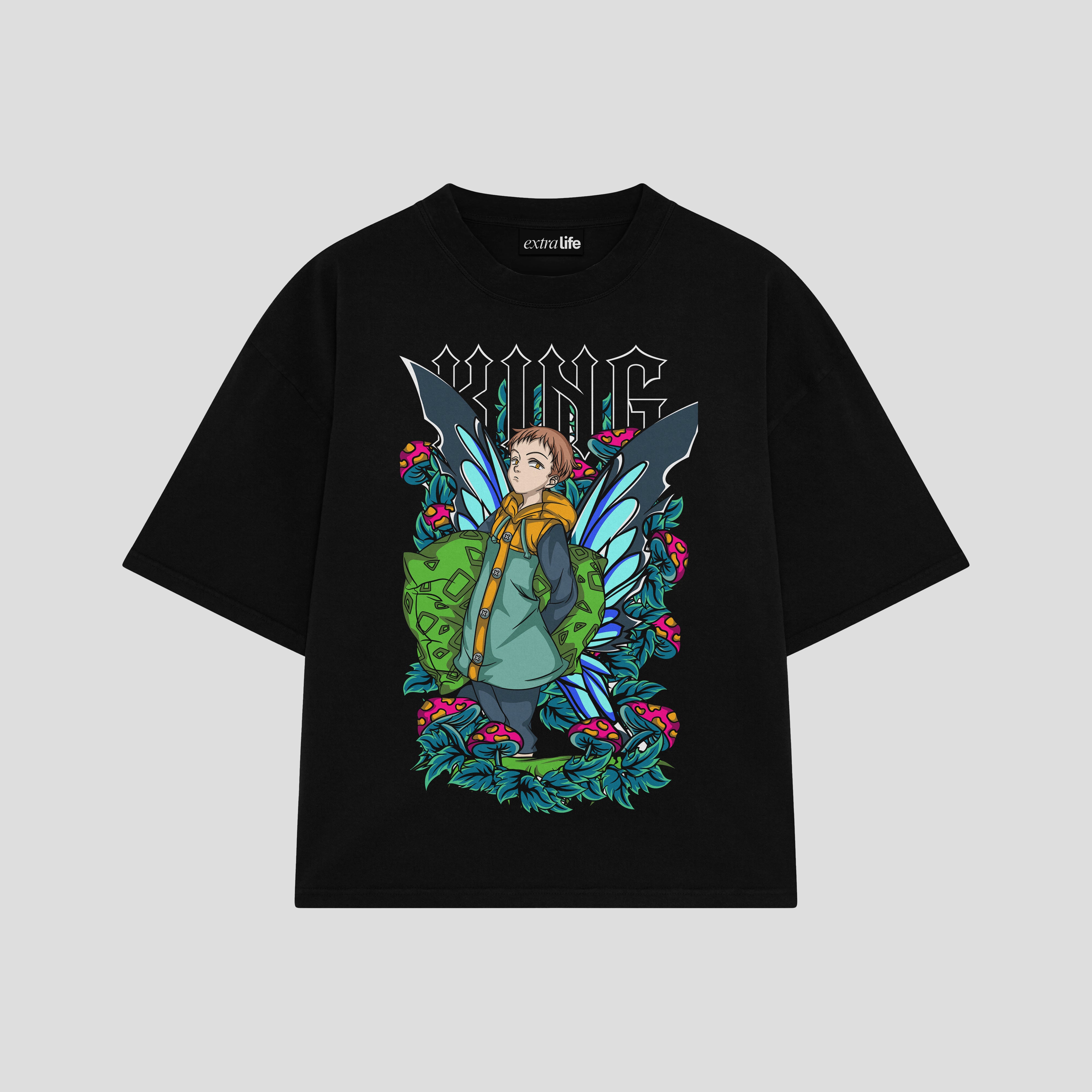 Playera streetwear premium de anime y gaming ExtraLife MX, corte boxy oversized drop shoulder heavyweight en color Deep Black y Off-White, moda urbana mexicana de culto.