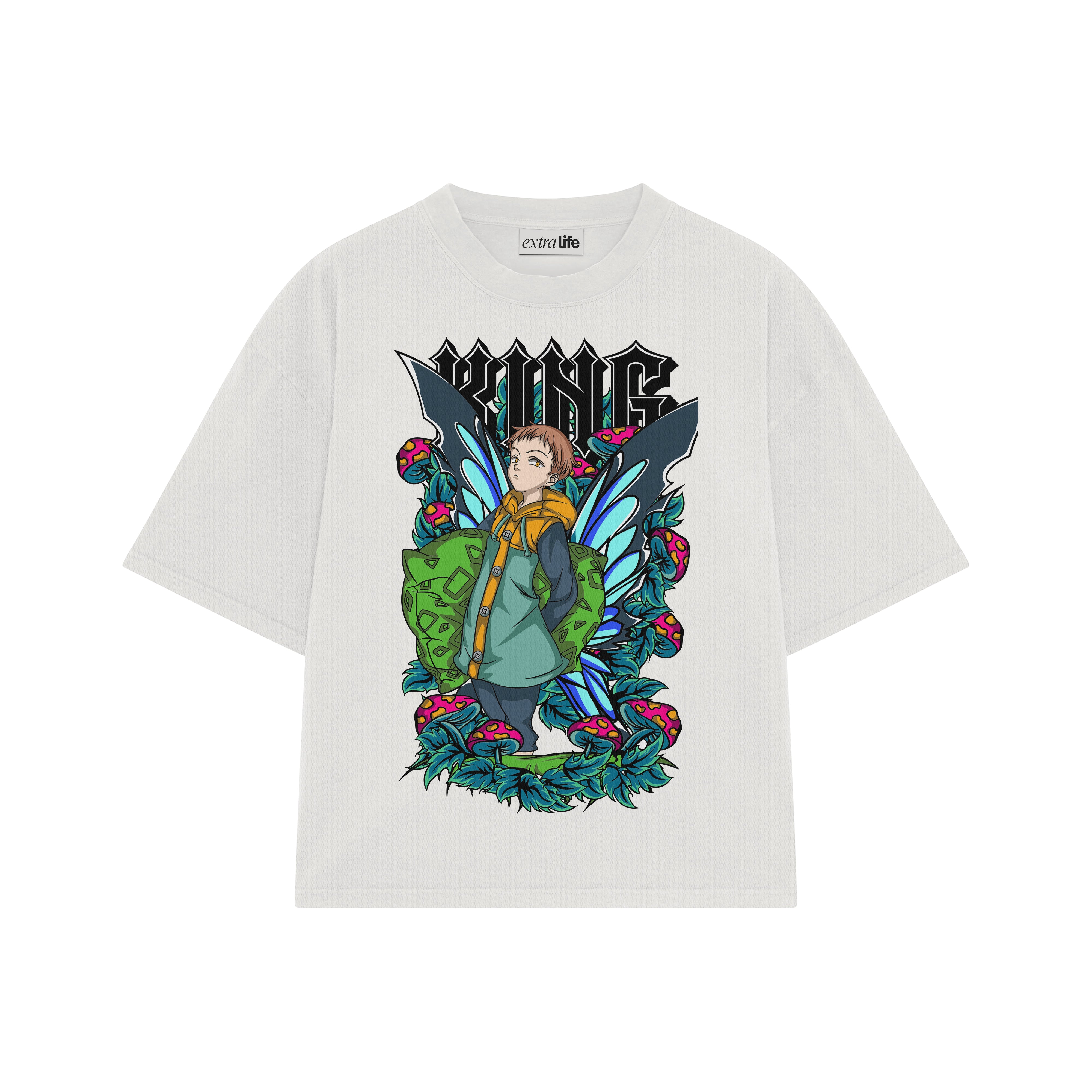 Playera streetwear premium de anime y gaming ExtraLife MX, corte boxy oversized drop shoulder heavyweight en color Deep Black y Off-White, moda urbana mexicana de culto.