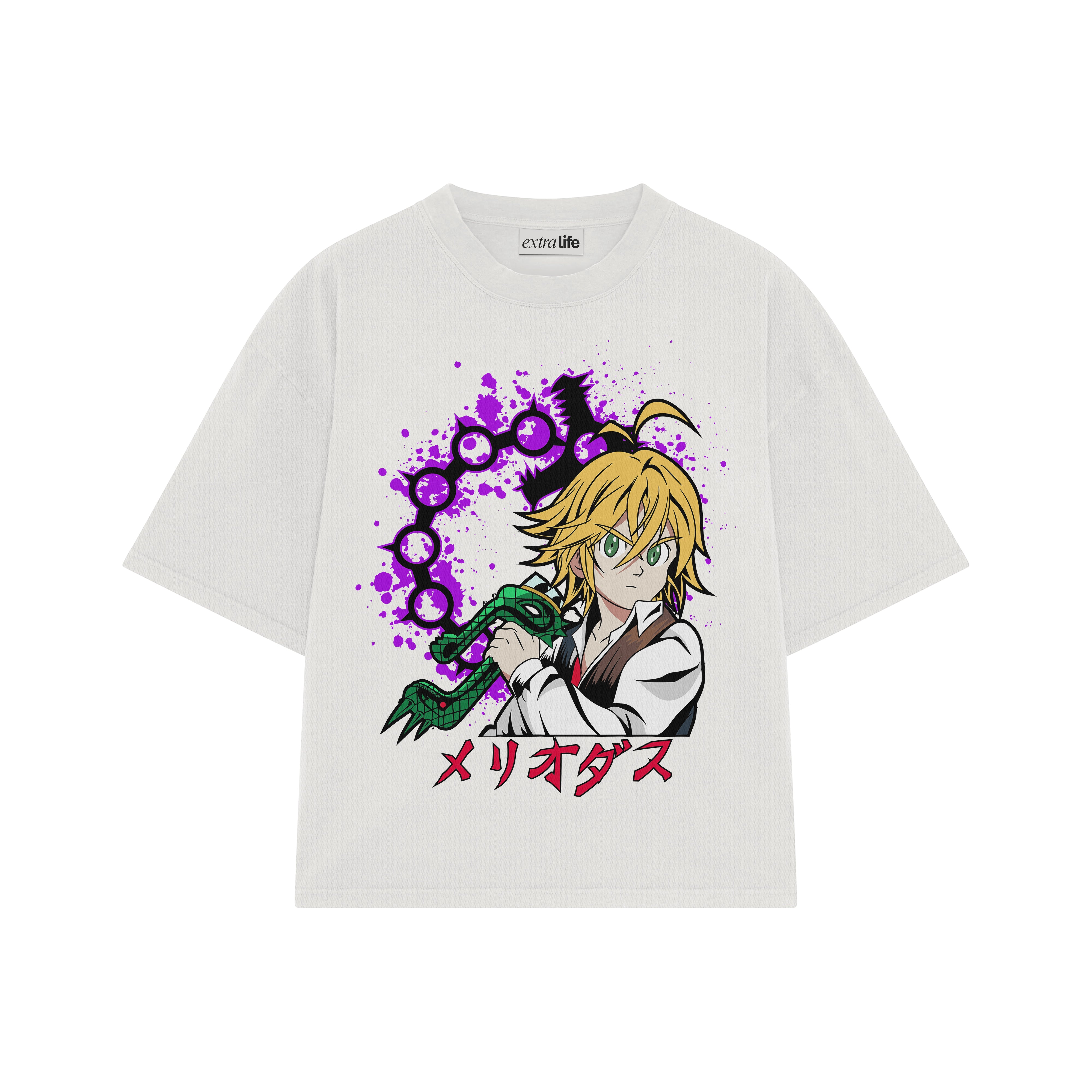 Playera streetwear premium de anime y gaming ExtraLife MX, corte boxy oversized drop shoulder heavyweight en color Deep Black y Off-White, moda urbana mexicana de culto.