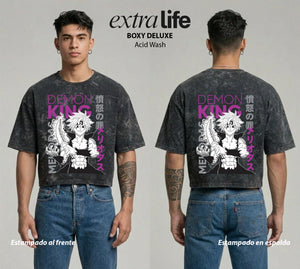 Playera streetwear premium de anime y gaming ExtraLife MX, corte boxy deluxe mineral wash heavyweight en color Acid Wash, moda urbana mexicana de culto.