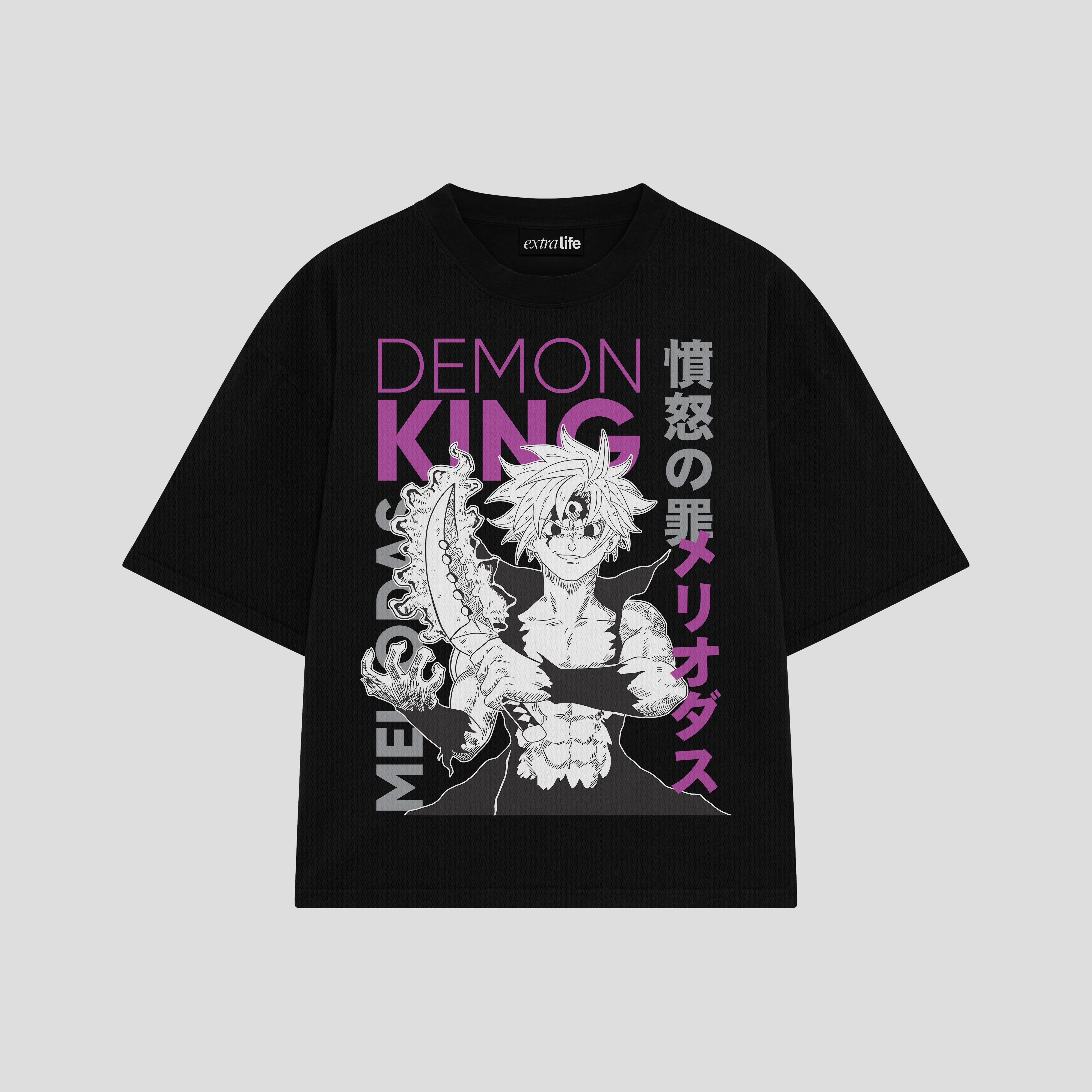 Playera streetwear premium de anime y gaming ExtraLife MX, corte boxy oversized drop shoulder heavyweight en color Deep Black y Off-White, moda urbana mexicana de culto.