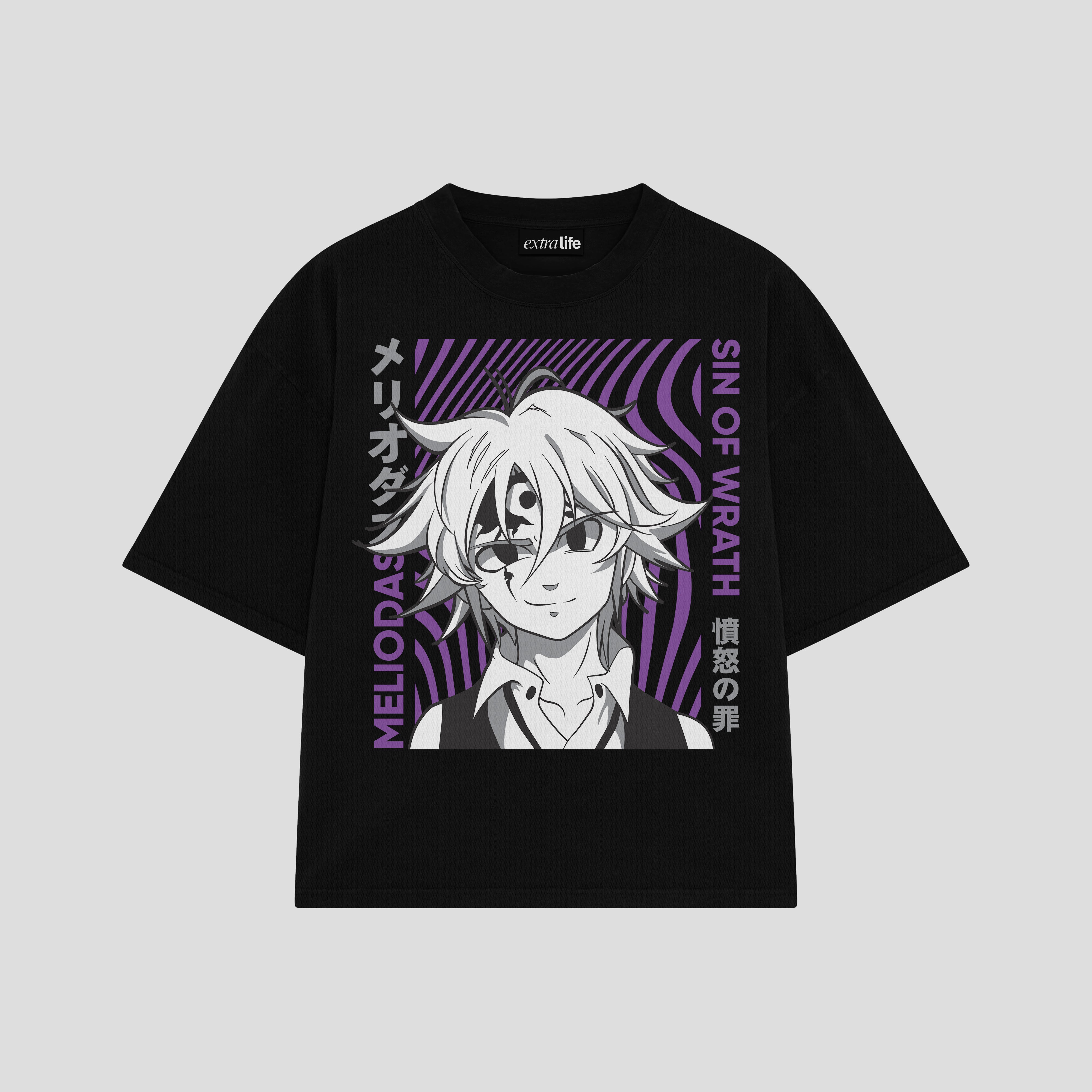 Playera streetwear premium de anime y gaming ExtraLife MX, corte boxy oversized drop shoulder heavyweight en color Deep Black y Off-White, moda urbana mexicana de culto.