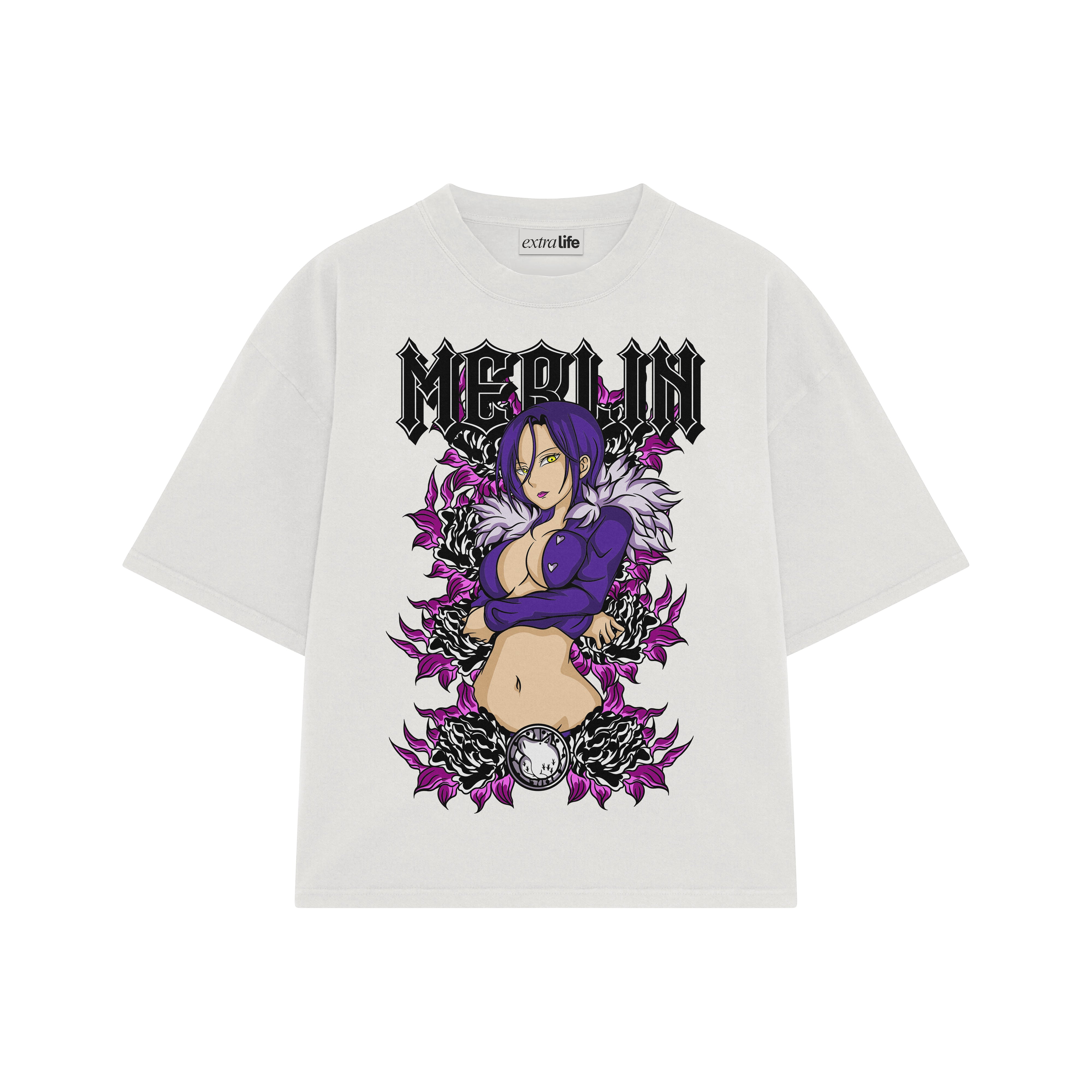 Playera streetwear premium de anime y gaming ExtraLife MX, corte boxy oversized drop shoulder heavyweight en color Deep Black y Off-White, moda urbana mexicana de culto.