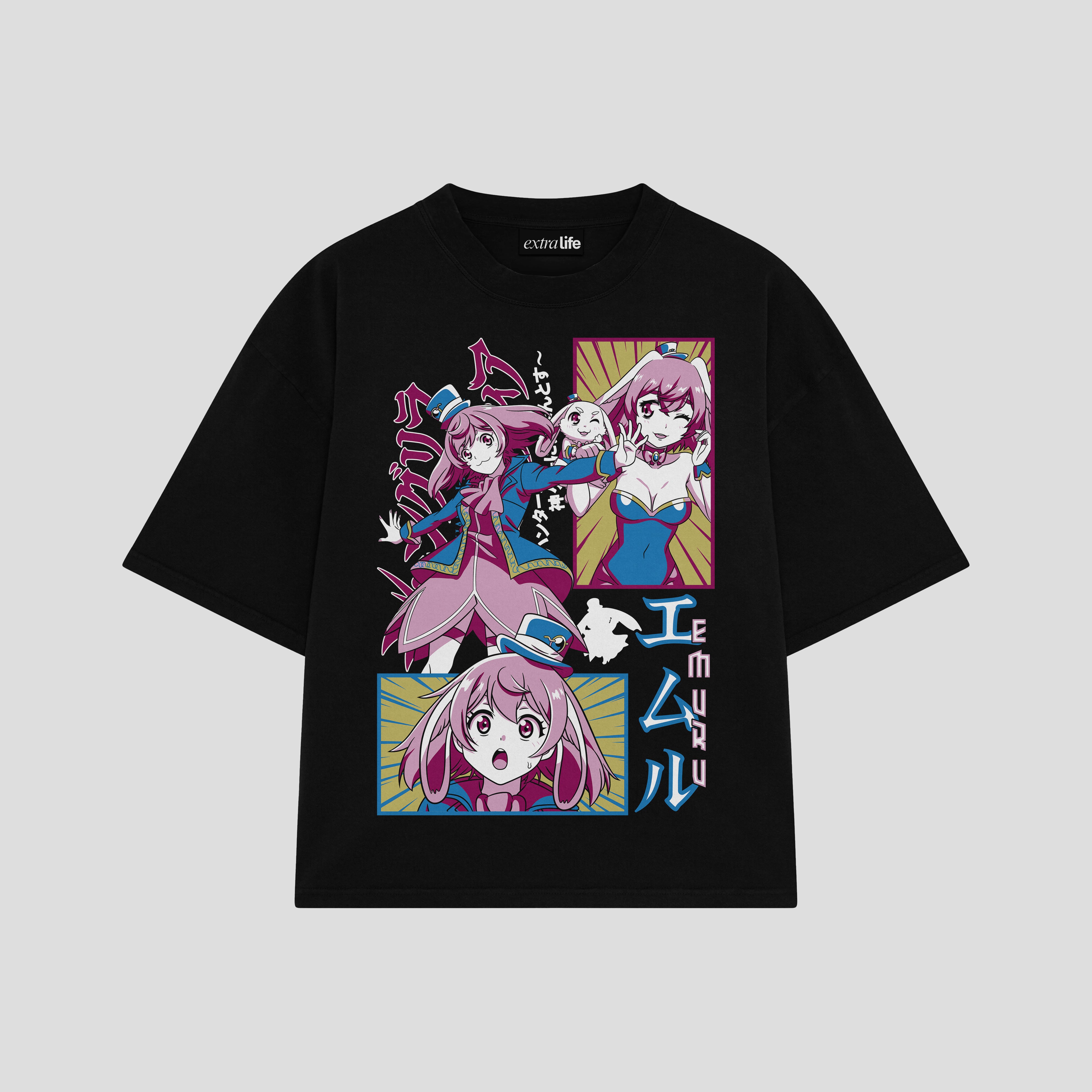 Playera streetwear premium de anime y gaming ExtraLife MX, corte boxy oversized drop shoulder heavyweight en color Deep Black y Off-White, moda urbana mexicana de culto.