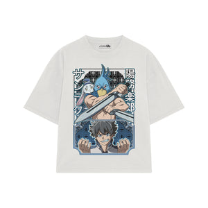 Playera streetwear premium de anime y gaming ExtraLife MX, corte boxy oversized drop shoulder heavyweight en color Deep Black y Off-White, moda urbana mexicana de culto.
