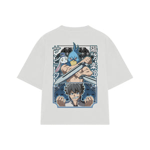 Playera streetwear premium de anime y gaming ExtraLife MX, corte boxy oversized drop shoulder heavyweight en color Deep Black y Off-White, moda urbana mexicana de culto.