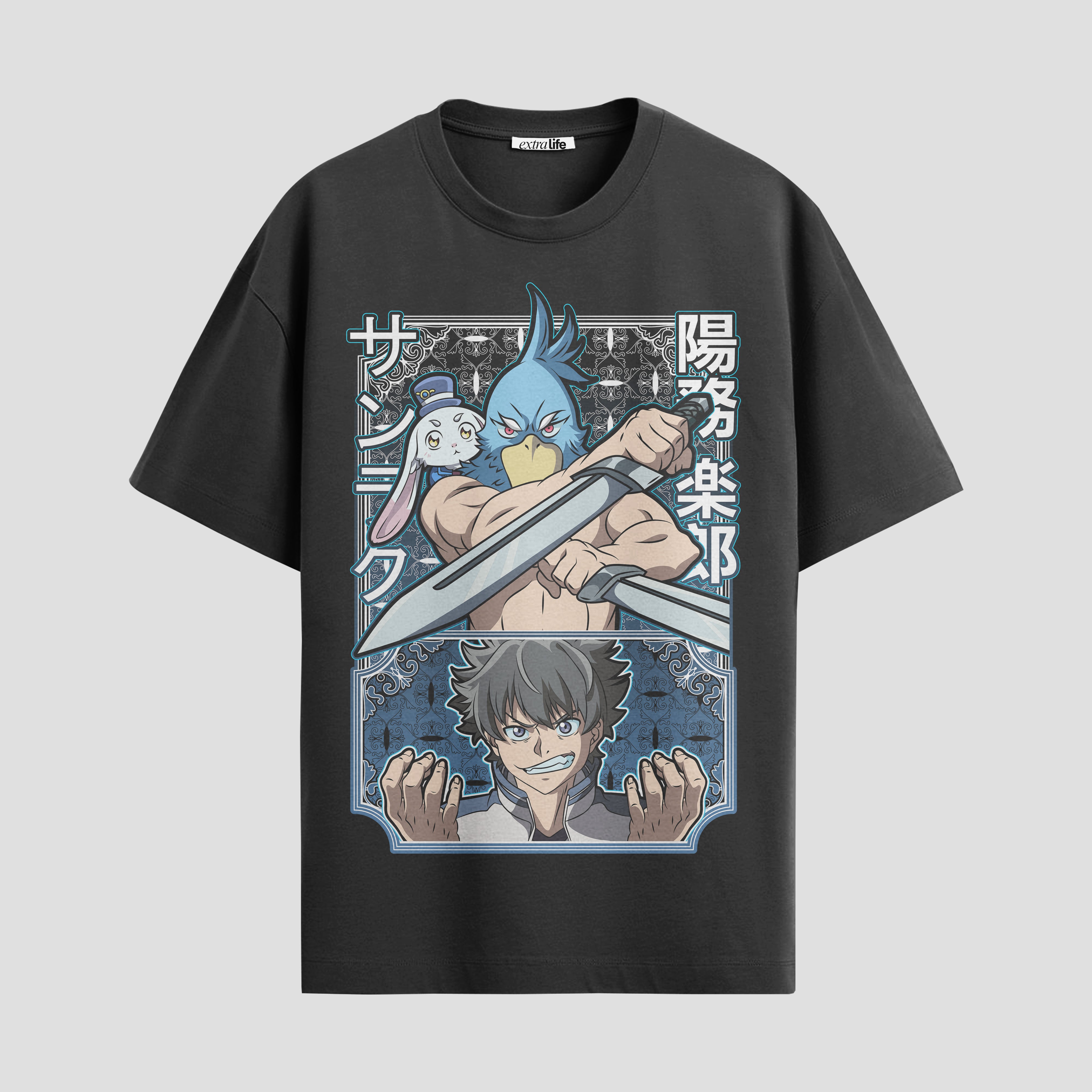Playera urbana de anime y gaming ExtraLife MX, corte Standard Fit unisex ligero y transpirable en color Deep Black y Pure White, ropa de uso diario para gym y casual.