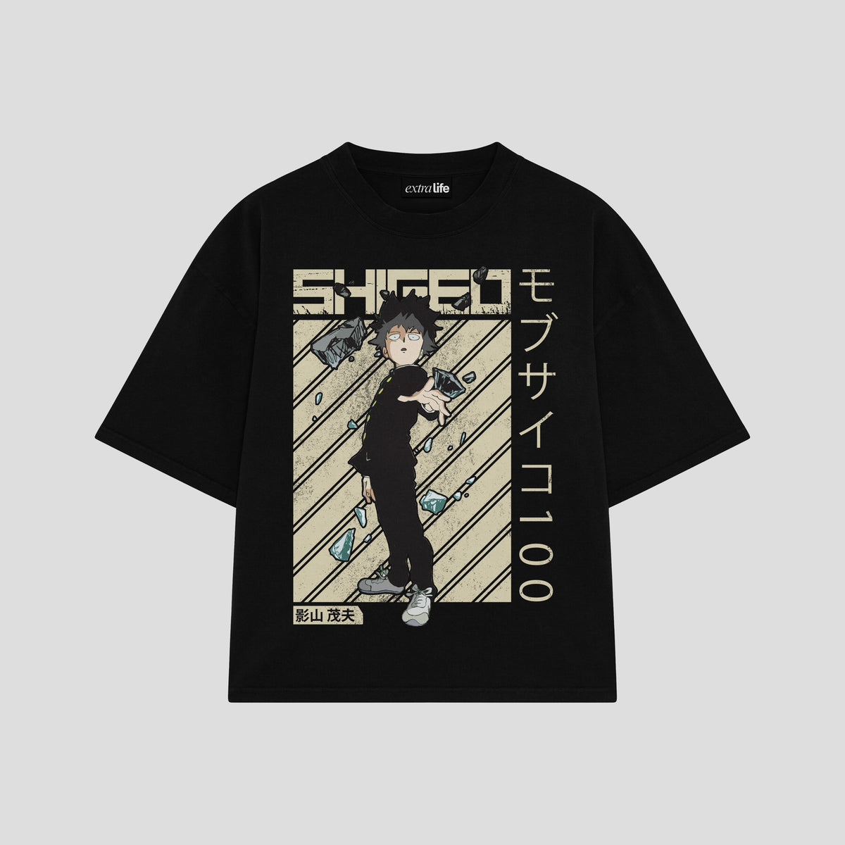 Playera streetwear premium de anime y gaming ExtraLife MX, corte oversized drop shoulder ligero y fresco en color Deep Black y Off-White, moda urbana mexicana de culto.