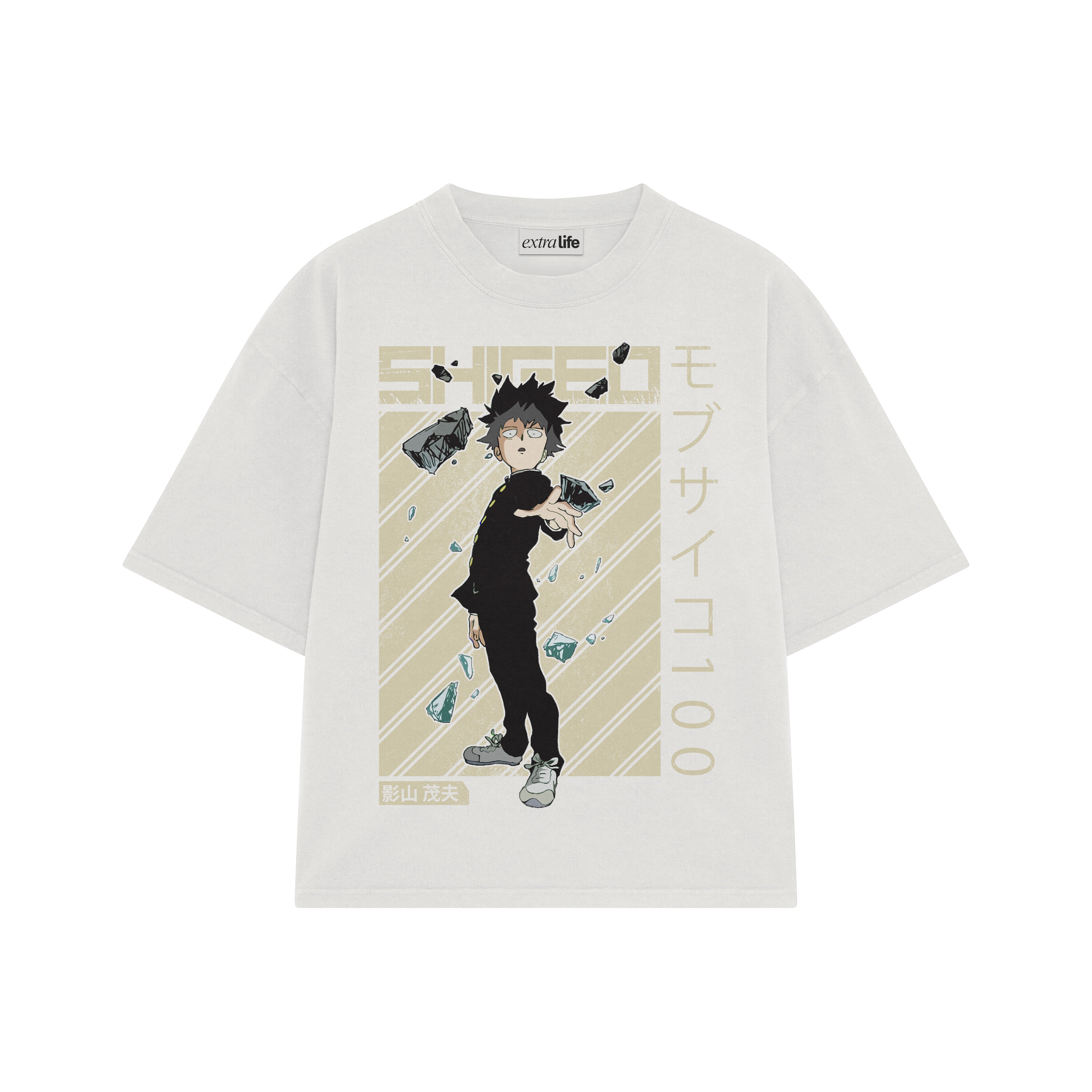 Playera streetwear premium de anime y gaming ExtraLife MX, corte boxy oversized drop shoulder heavyweight en color Deep Black y Off-White, moda urbana mexicana de culto.