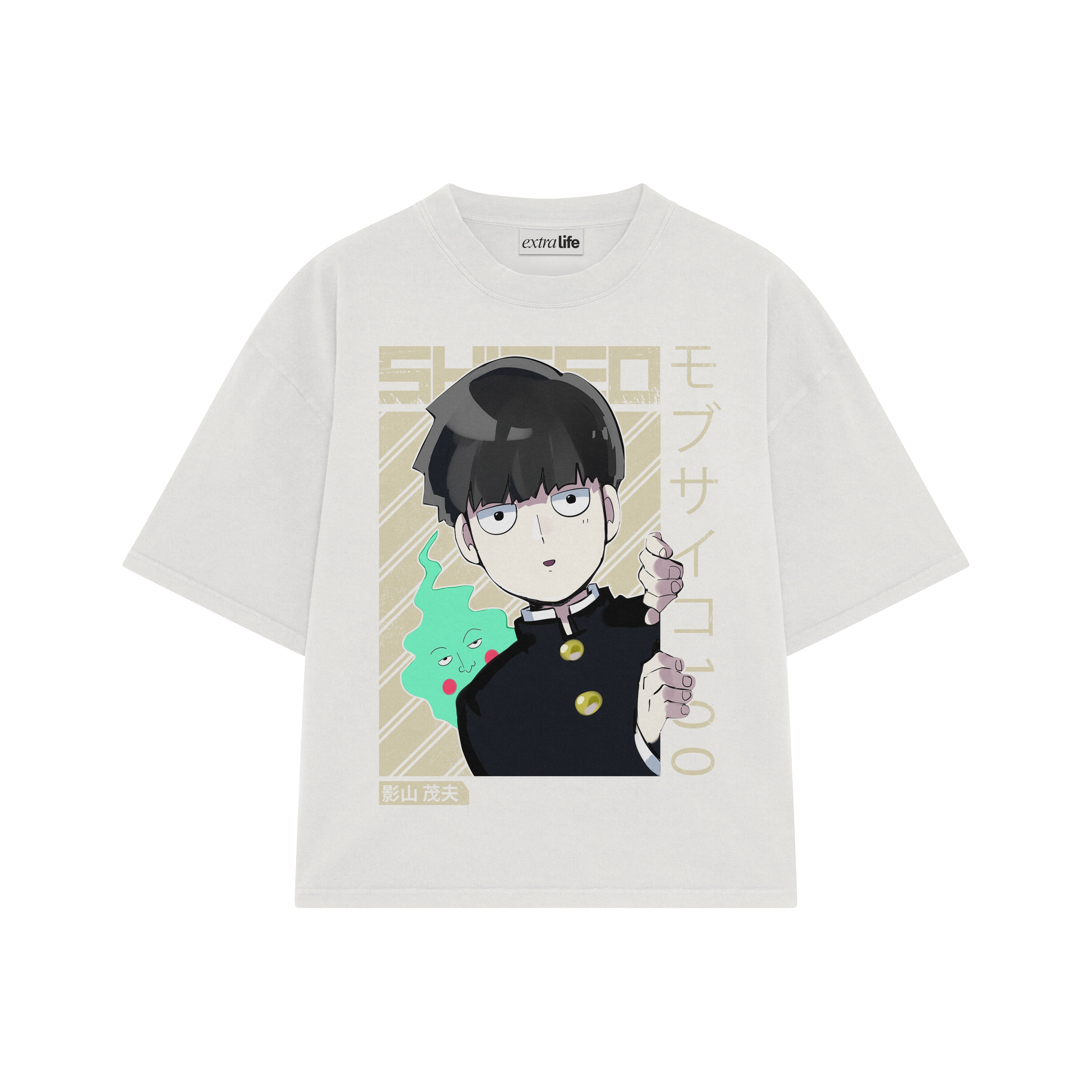 Playera streetwear premium de anime y gaming ExtraLife MX, corte boxy oversized drop shoulder heavyweight en color Deep Black y Off-White, moda urbana mexicana de culto.