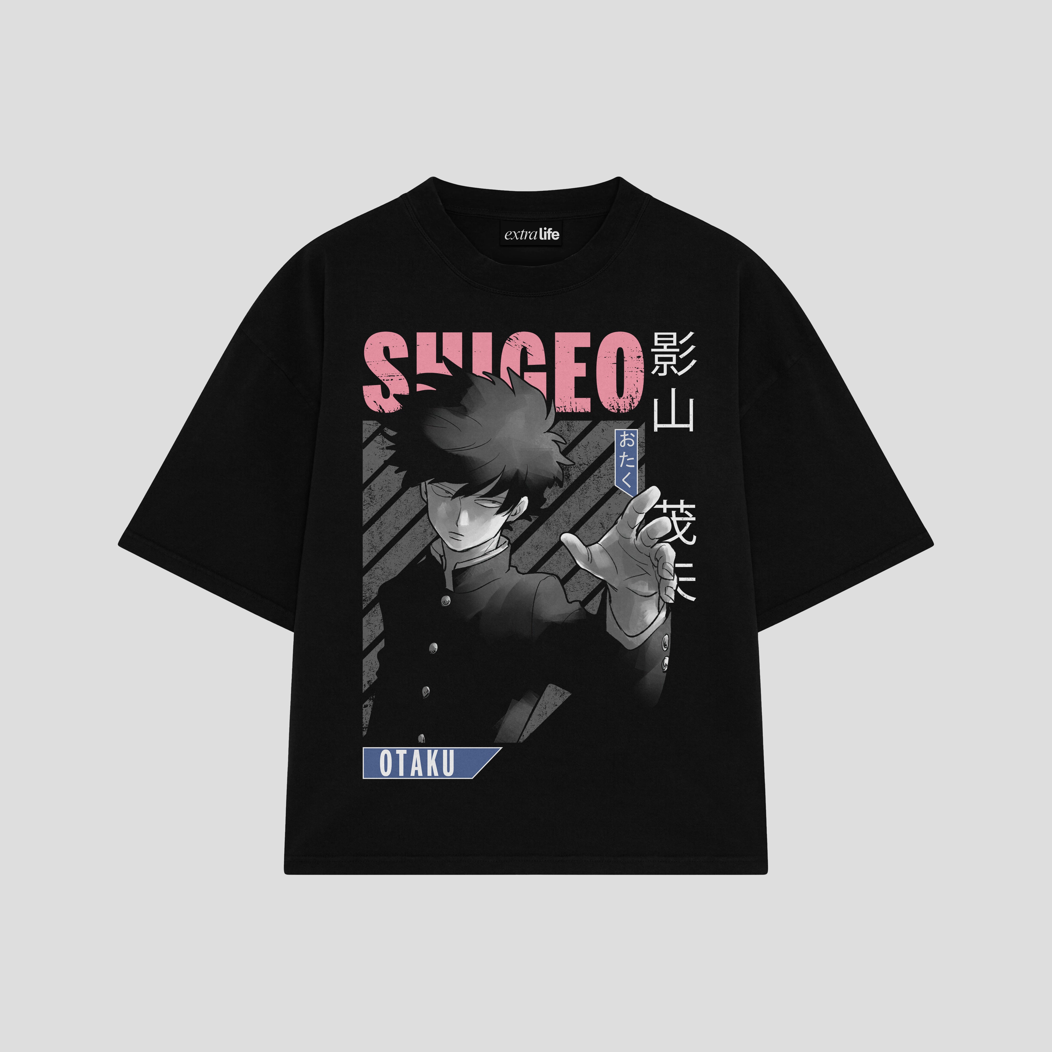 Playera streetwear premium de anime y gaming ExtraLife MX, corte boxy oversized drop shoulder heavyweight en color Deep Black y Off-White, moda urbana mexicana de culto.