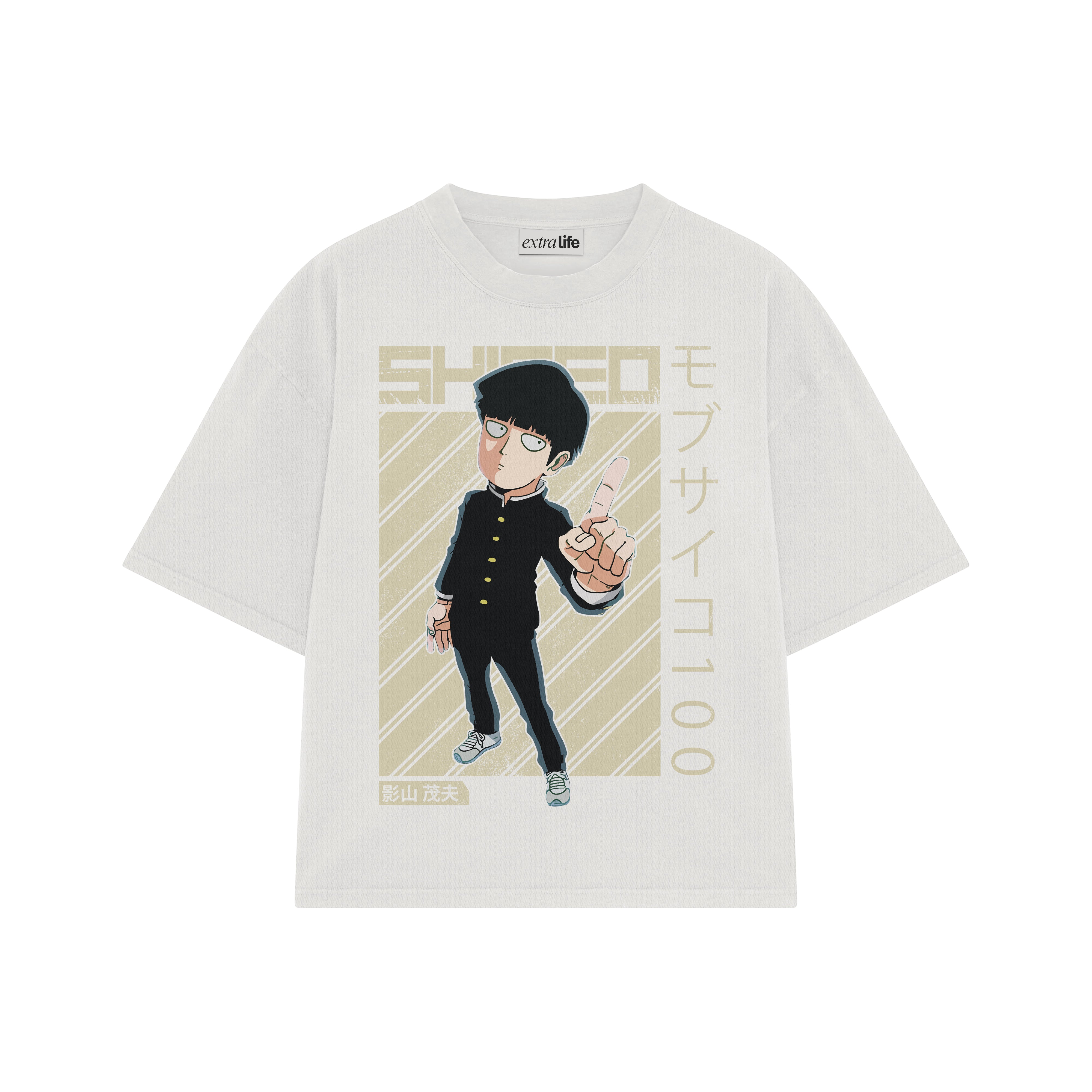 Playera streetwear premium de anime y gaming ExtraLife MX, corte boxy oversized drop shoulder heavyweight en color Deep Black y Off-White, moda urbana mexicana de culto.