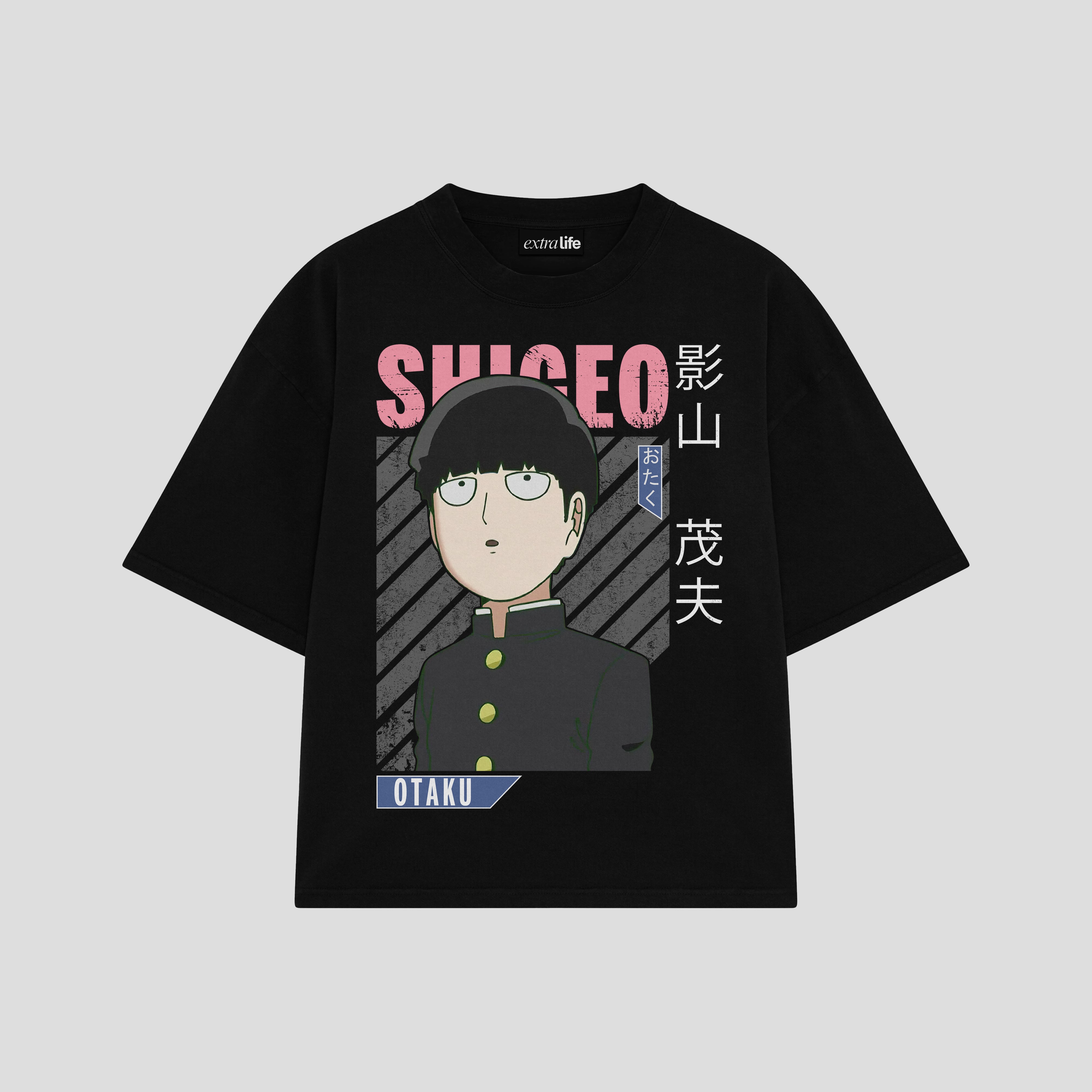 Playera streetwear premium de anime y gaming ExtraLife MX, corte boxy oversized drop shoulder heavyweight en color Deep Black y Off-White, moda urbana mexicana de culto.