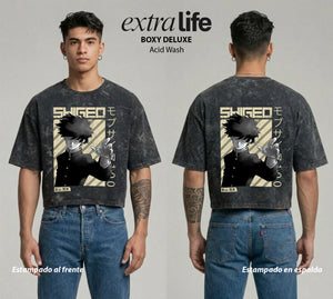 Playera streetwear premium de anime y gaming ExtraLife MX, corte boxy deluxe mineral wash heavyweight en color Acid Wash, moda urbana mexicana de culto.