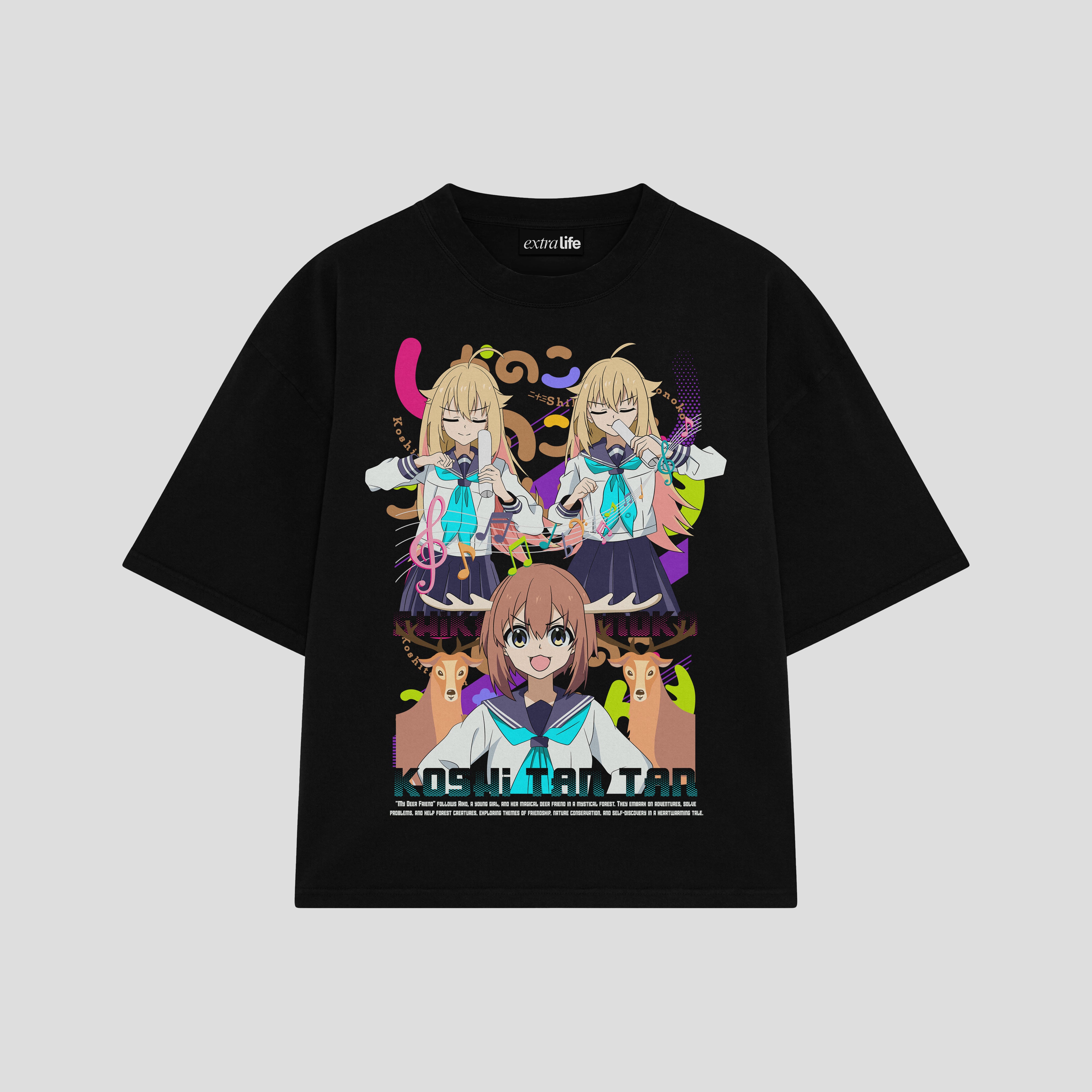 Playera streetwear premium de anime y gaming ExtraLife MX, corte boxy oversized drop shoulder heavyweight en color Deep Black y Off-White, moda urbana mexicana de culto.