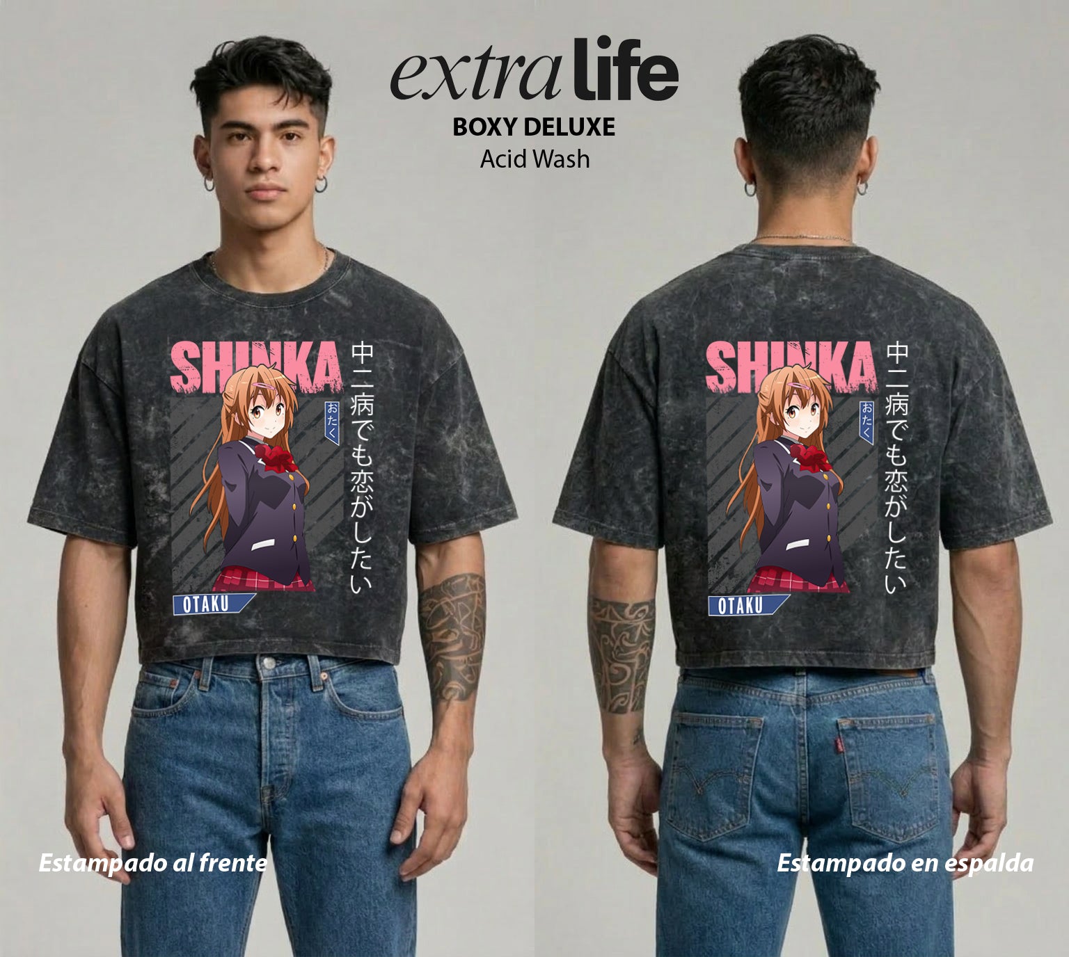 Playera streetwear premium de anime y gaming ExtraLife MX, corte boxy deluxe mineral wash heavyweight en color Acid Wash, moda urbana mexicana de culto.