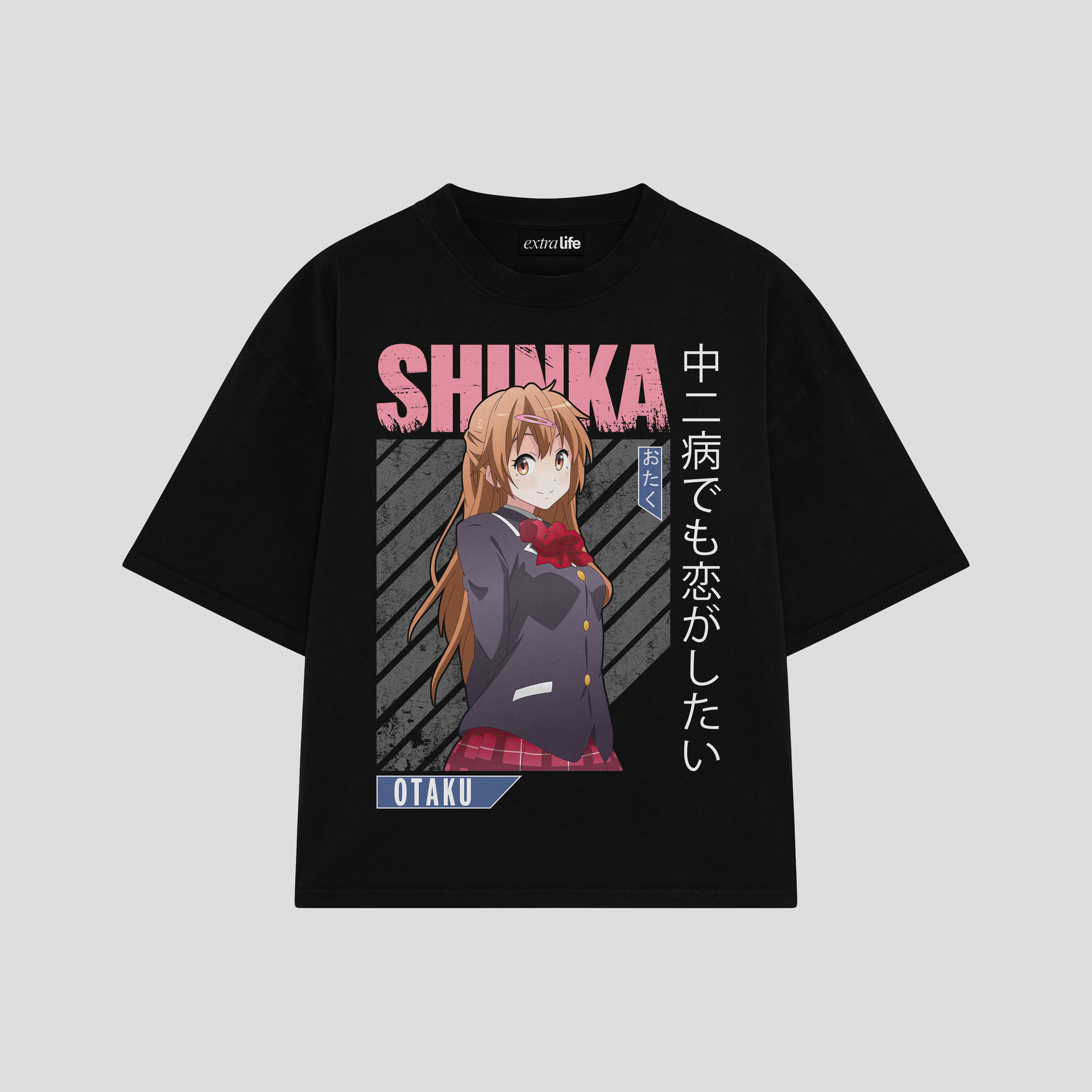 Playera streetwear premium de anime y gaming ExtraLife MX, corte boxy oversized drop shoulder heavyweight en color Deep Black y Off-White, moda urbana mexicana de culto.