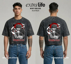 Playera streetwear premium de anime y gaming ExtraLife MX, corte boxy deluxe mineral wash heavyweight en color Acid Wash, moda urbana mexicana de culto.