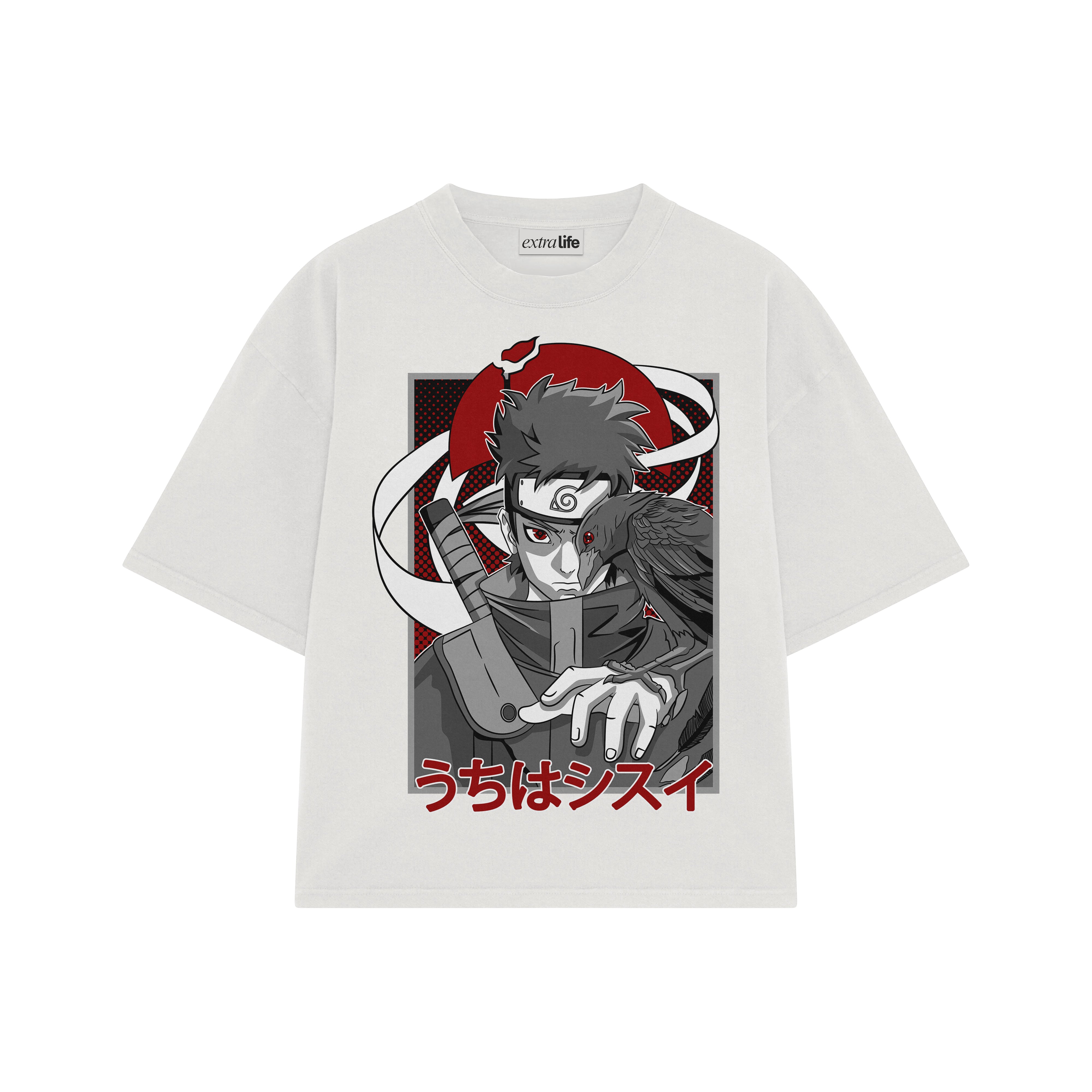 Playera streetwear premium de anime y gaming ExtraLife MX, corte boxy oversized drop shoulder heavyweight en color Deep Black y Off-White, moda urbana mexicana de culto.