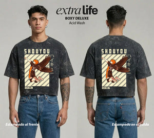Playera streetwear premium de anime y gaming ExtraLife MX, corte boxy deluxe mineral wash heavyweight en color Acid Wash, moda urbana mexicana de culto.