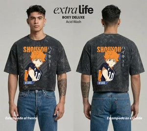 Playera streetwear premium de anime y gaming ExtraLife MX, corte boxy deluxe mineral wash heavyweight en color Acid Wash, moda urbana mexicana de culto.