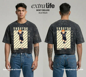 Playera streetwear premium de anime y gaming ExtraLife MX, corte boxy deluxe mineral wash heavyweight en color Acid Wash, moda urbana mexicana de culto.
