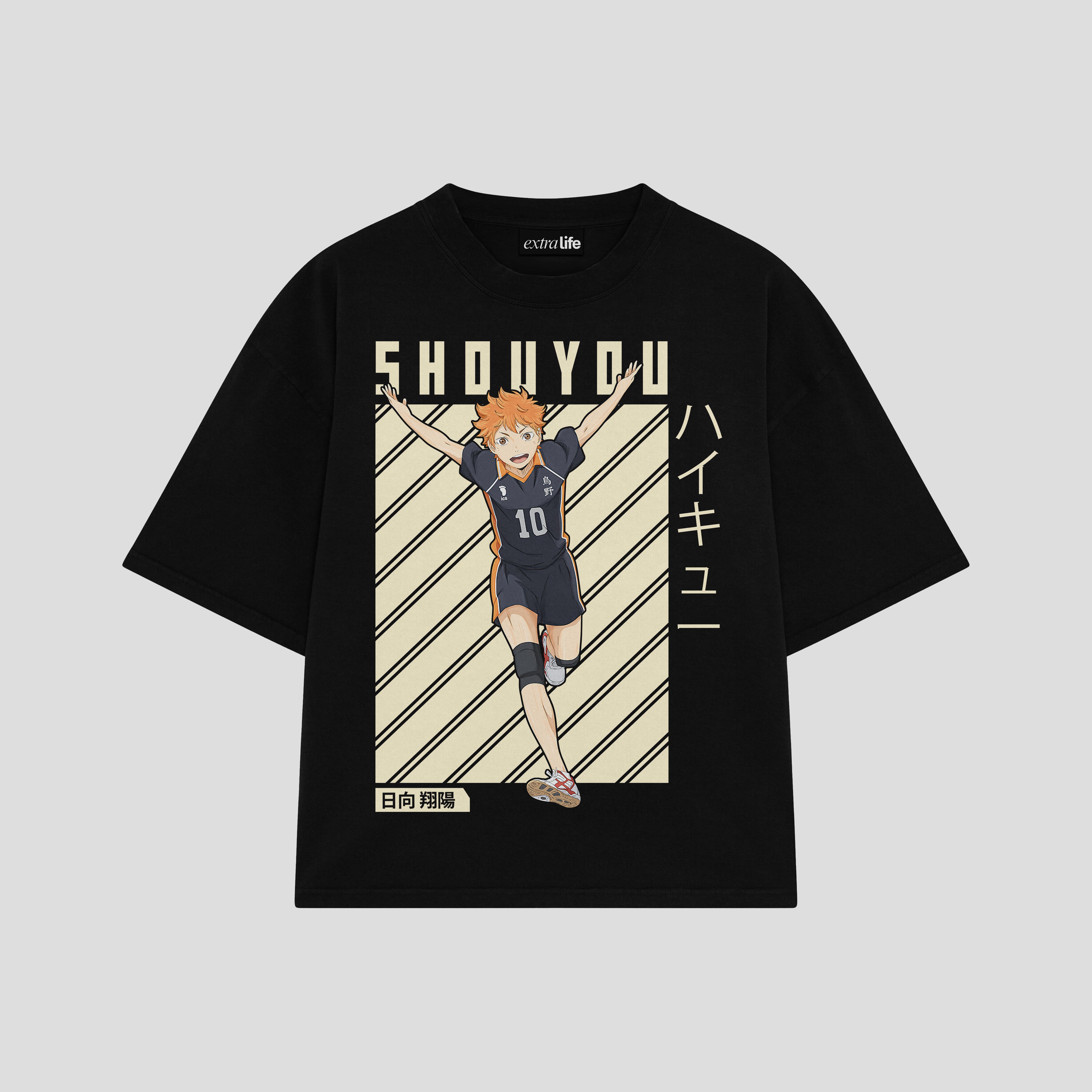 Playera streetwear premium de anime y gaming ExtraLife MX, corte boxy oversized drop shoulder heavyweight en color Deep Black y Off-White, moda urbana mexicana de culto.