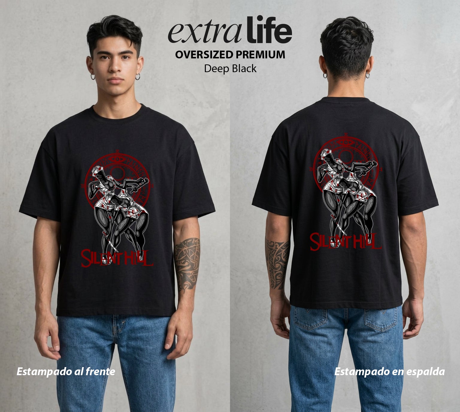 La Niebla del Horror | Silent Hill Nurses #04011 - Playera Oversized Premium | Deep Black - Foto en modelo