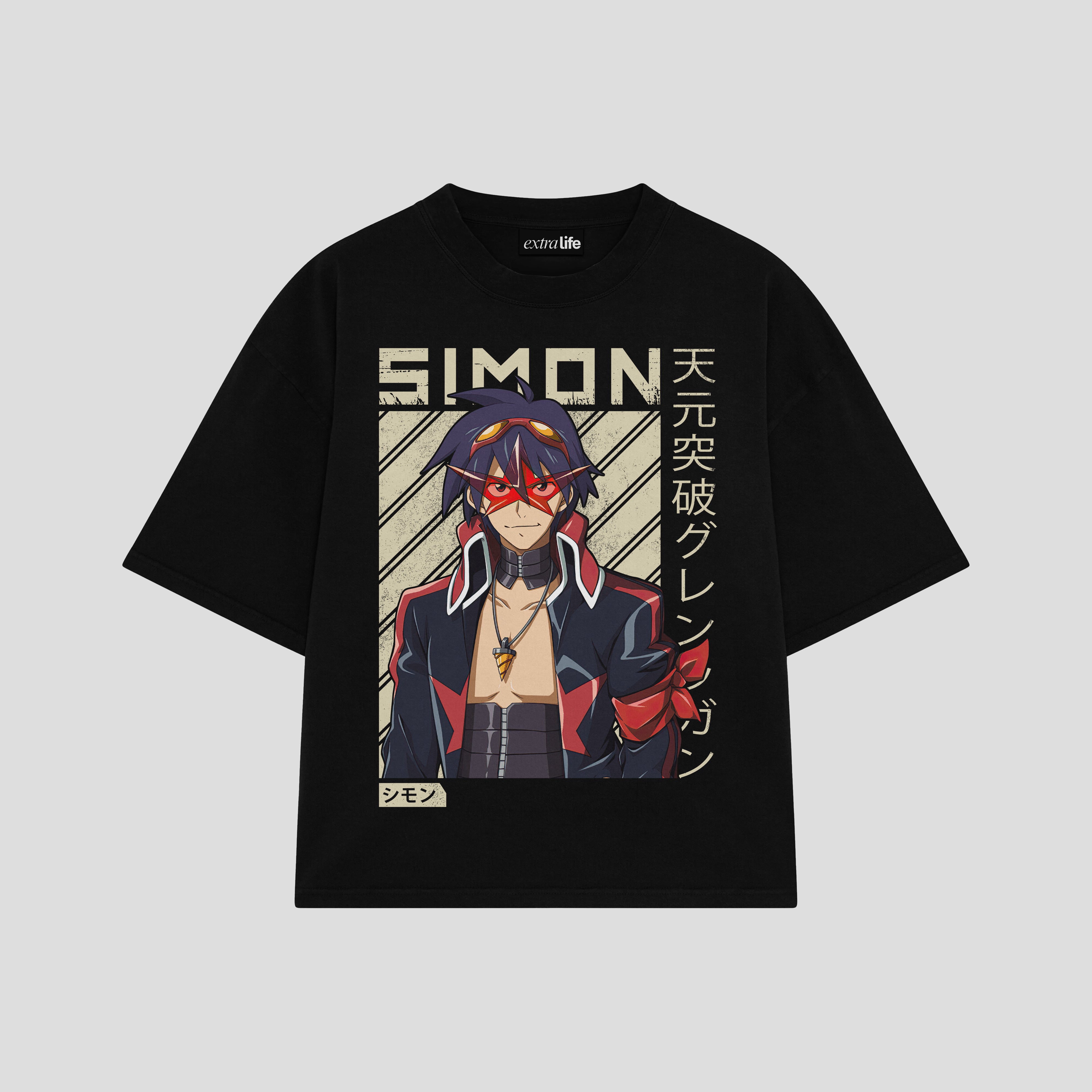 Playera streetwear premium de anime y gaming ExtraLife MX, corte boxy oversized drop shoulder heavyweight en color Deep Black y Off-White, moda urbana mexicana de culto.