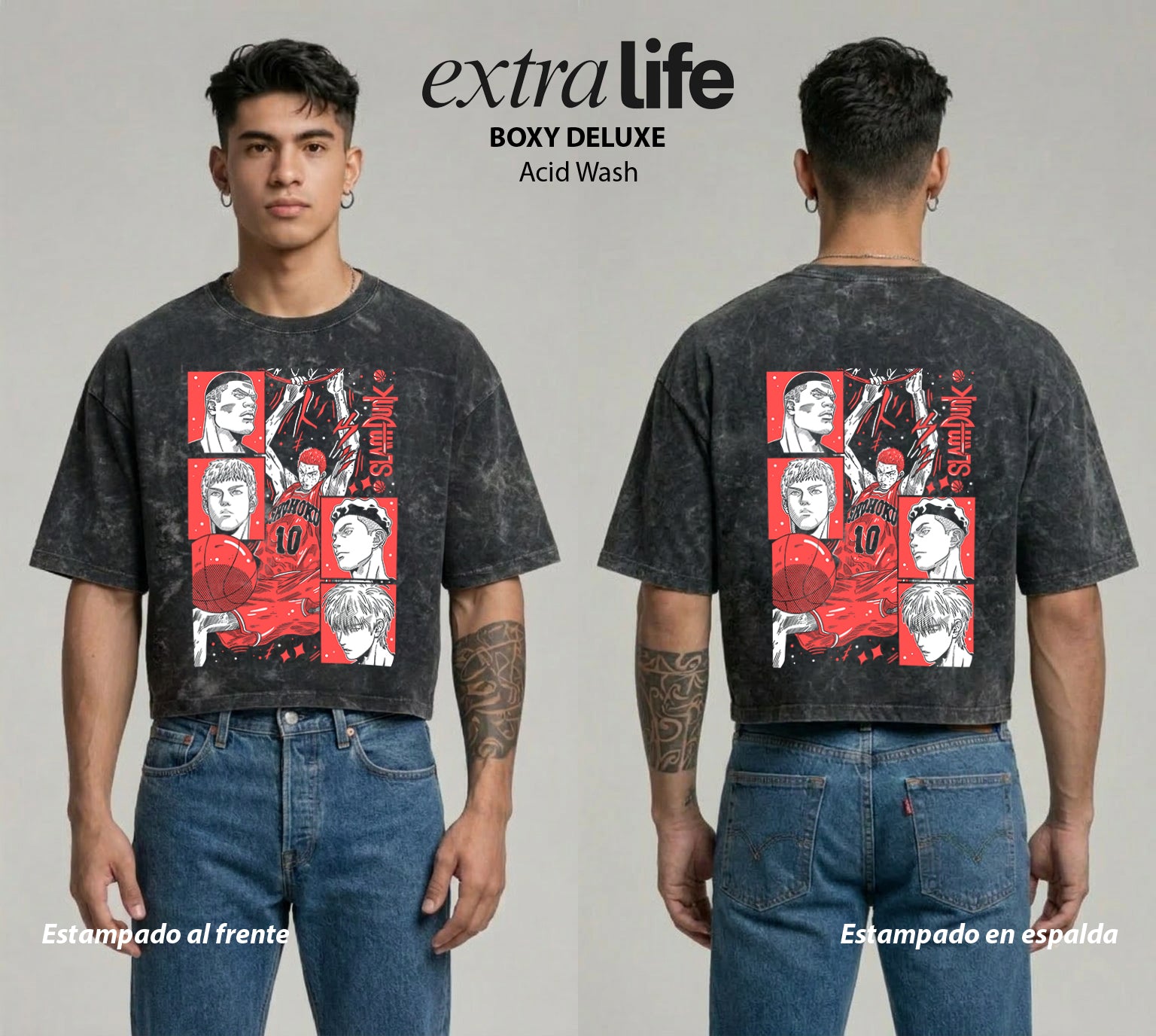 Playera streetwear premium de anime y gaming ExtraLife MX, corte boxy deluxe mineral wash heavyweight en color Acid Wash, moda urbana mexicana de culto.