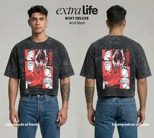 Playera streetwear premium de anime y gaming ExtraLife MX, corte boxy deluxe mineral wash heavyweight en color Acid Wash, moda urbana mexicana de culto.