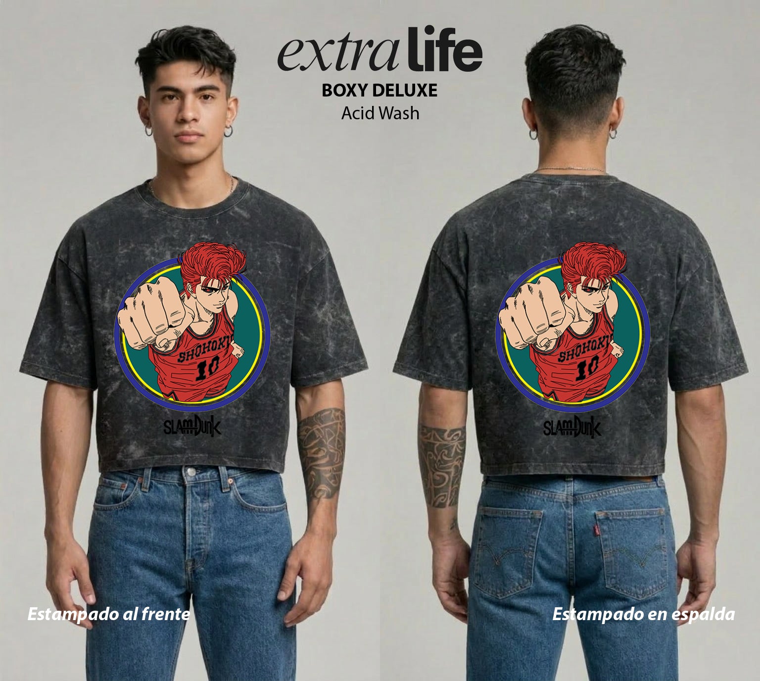 Playera streetwear premium de anime y gaming ExtraLife MX, corte boxy deluxe mineral wash heavyweight en color Acid Wash, moda urbana mexicana de culto.