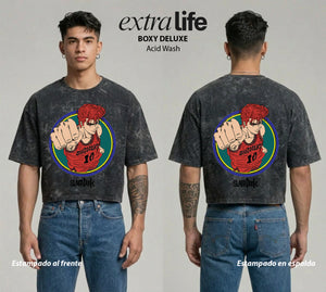 Playera streetwear premium de anime y gaming ExtraLife MX, corte boxy deluxe mineral wash heavyweight en color Acid Wash, moda urbana mexicana de culto.