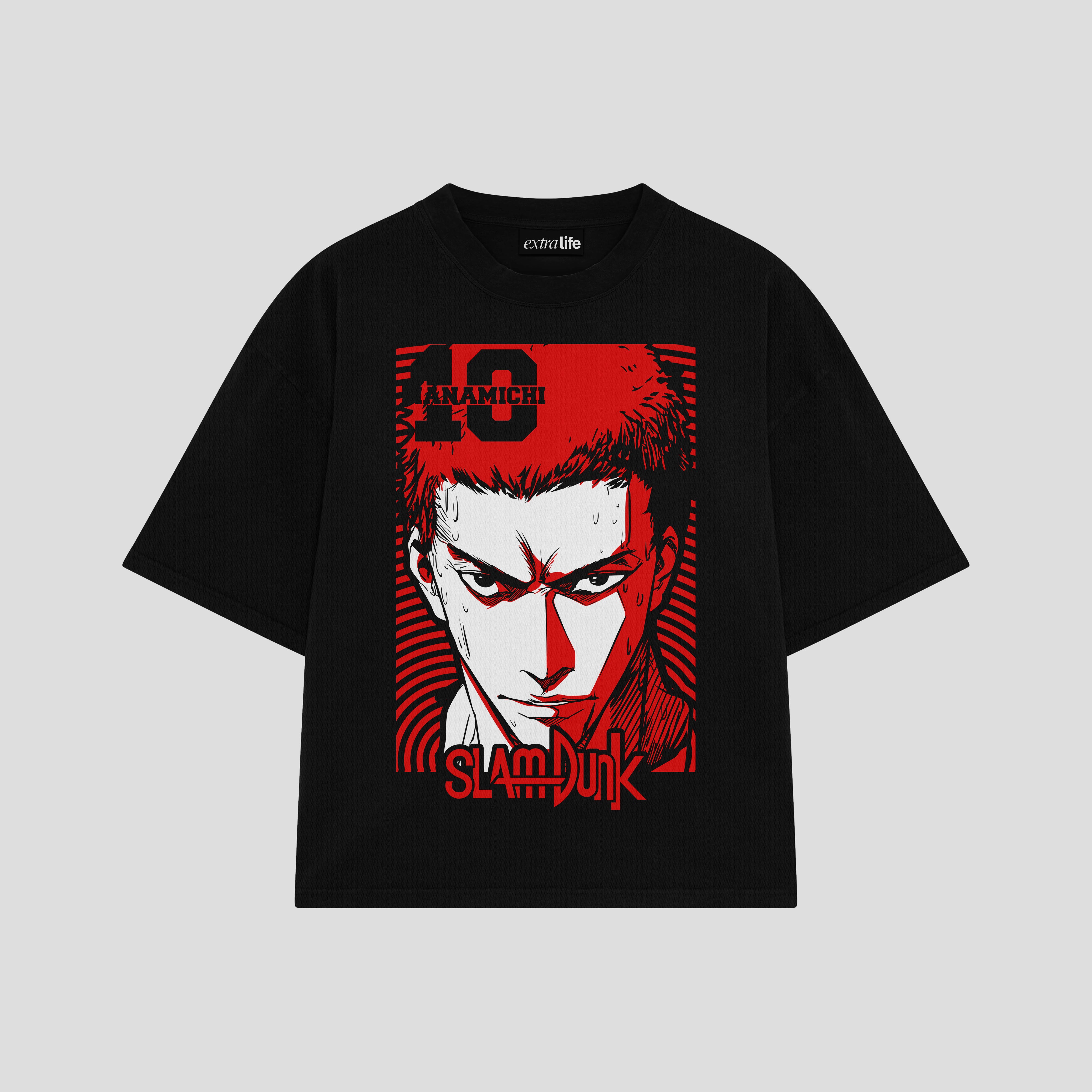Playera streetwear premium de anime y gaming ExtraLife MX, corte boxy oversized drop shoulder heavyweight en color Deep Black y Off-White, moda urbana mexicana de culto.