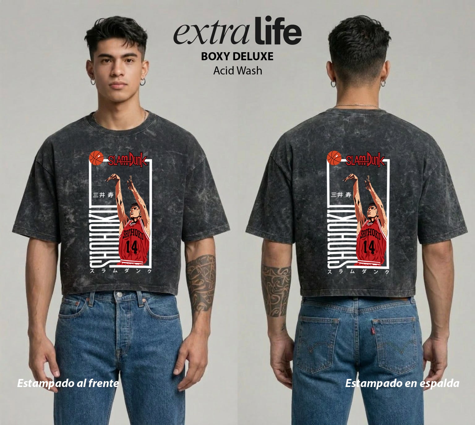 Playera streetwear premium de anime y gaming ExtraLife MX, corte boxy deluxe mineral wash heavyweight en color Acid Wash, moda urbana mexicana de culto.