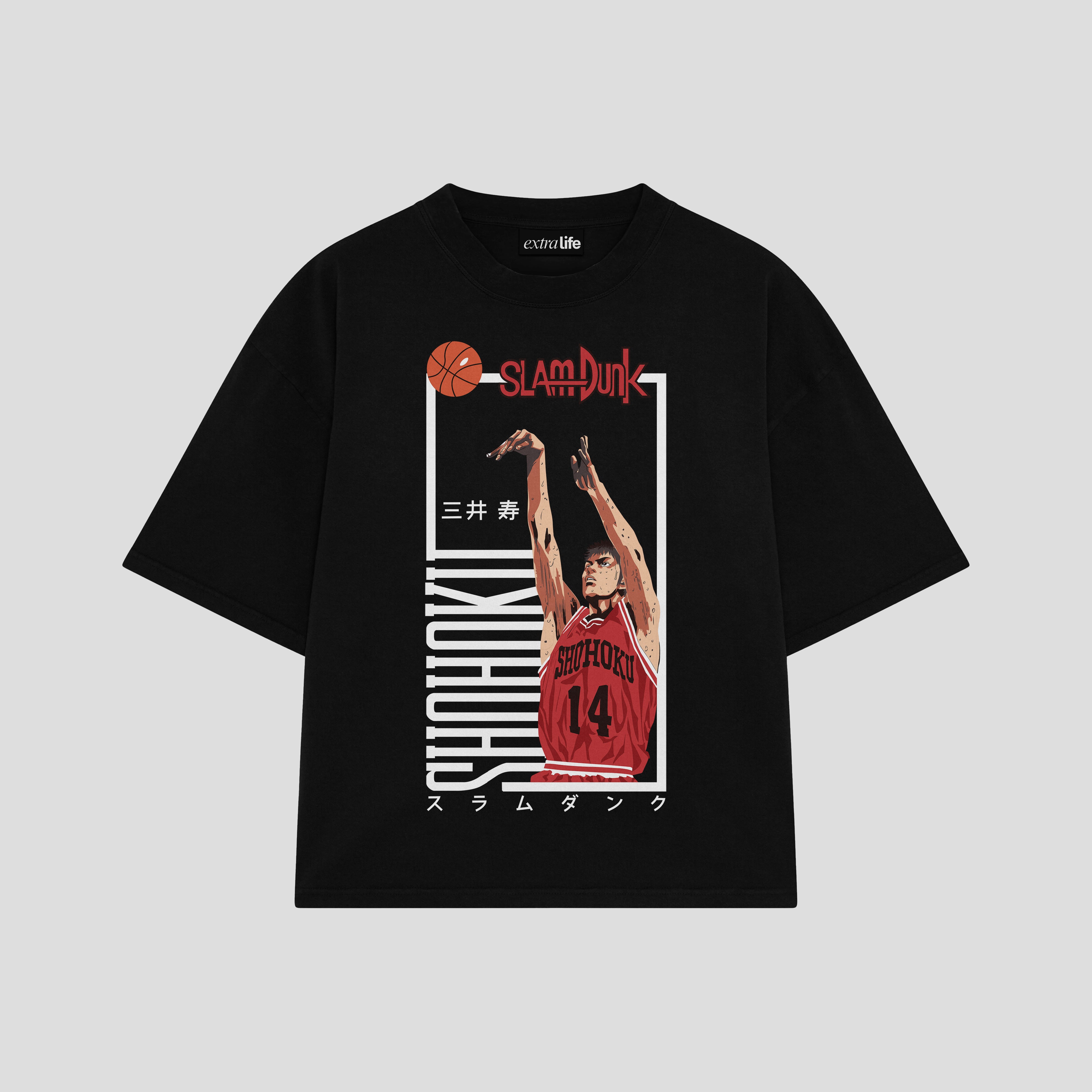 Playera streetwear premium de anime y gaming ExtraLife MX, corte boxy oversized drop shoulder heavyweight en color Deep Black y Off-White, moda urbana mexicana de culto.
