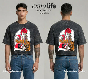 Playera streetwear premium de anime y gaming ExtraLife MX, corte boxy deluxe mineral wash heavyweight en color Acid Wash, moda urbana mexicana de culto.