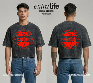 Playera streetwear premium de anime y gaming ExtraLife MX, corte boxy deluxe mineral wash heavyweight en color Acid Wash, moda urbana mexicana de culto.