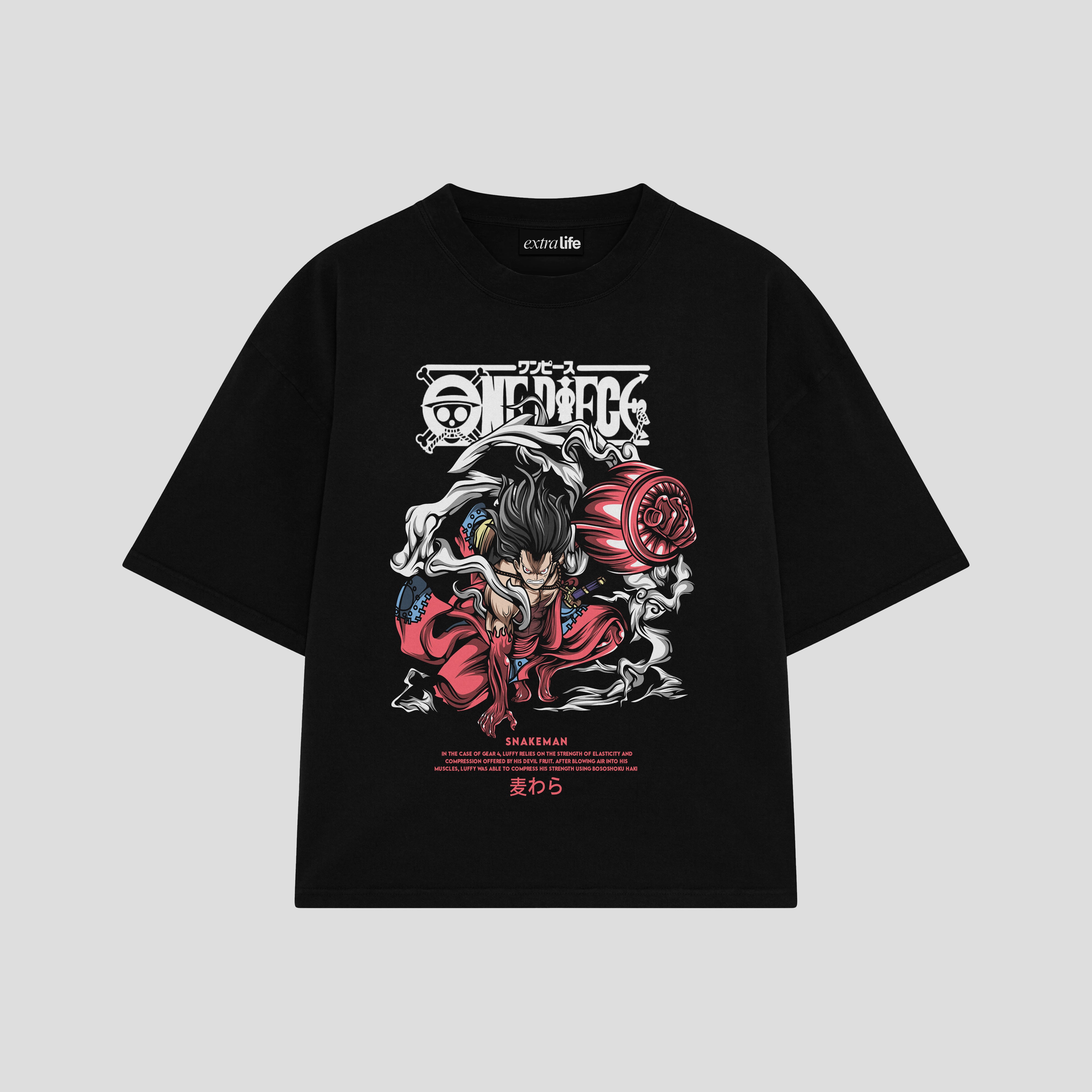 Playera streetwear premium de anime y gaming ExtraLife MX, corte boxy oversized drop shoulder heavyweight en color Deep Black y Off-White, moda urbana mexicana de culto.