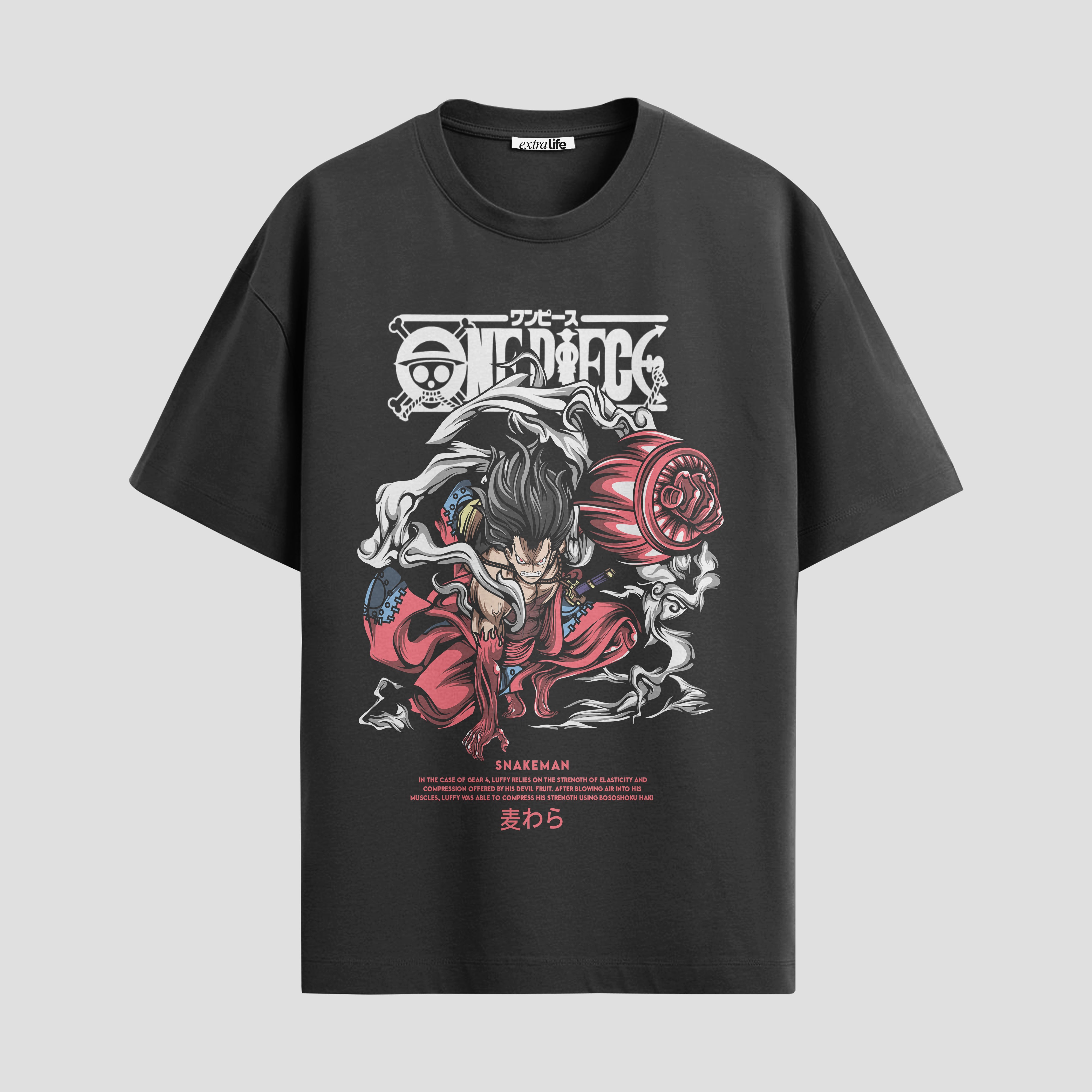 Playera urbana de anime y gaming ExtraLife MX, corte Standard Fit unisex ligero y transpirable en color Deep Black y Pure White, ropa de uso diario para gym y casual.