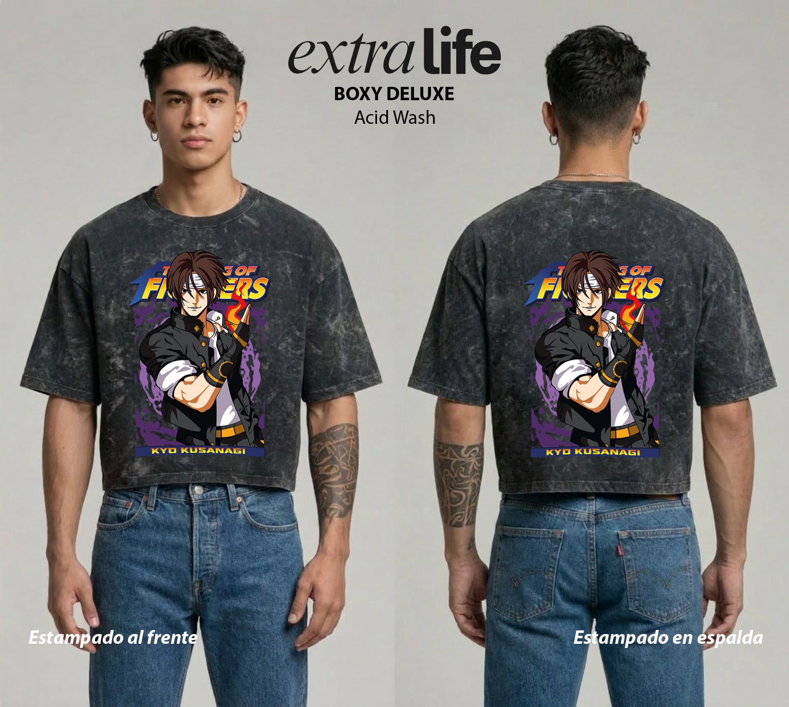 Playera streetwear premium de anime y gaming ExtraLife MX, corte boxy deluxe mineral wash heavyweight en color Acid Wash, moda urbana mexicana de culto.