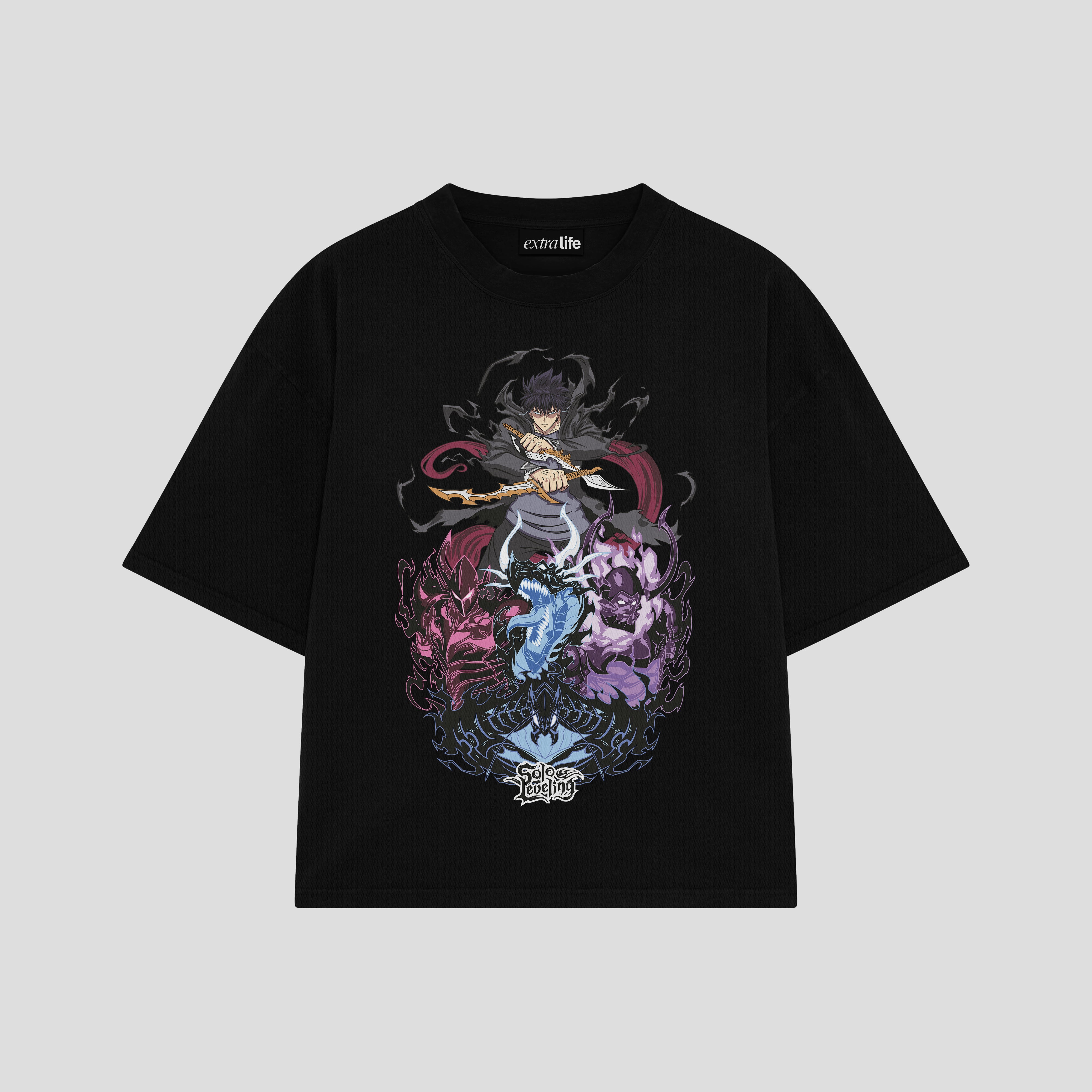 Playera streetwear premium de anime y gaming ExtraLife MX, corte boxy oversized drop shoulder heavyweight en color Deep Black y Off-White, moda urbana mexicana de culto.
